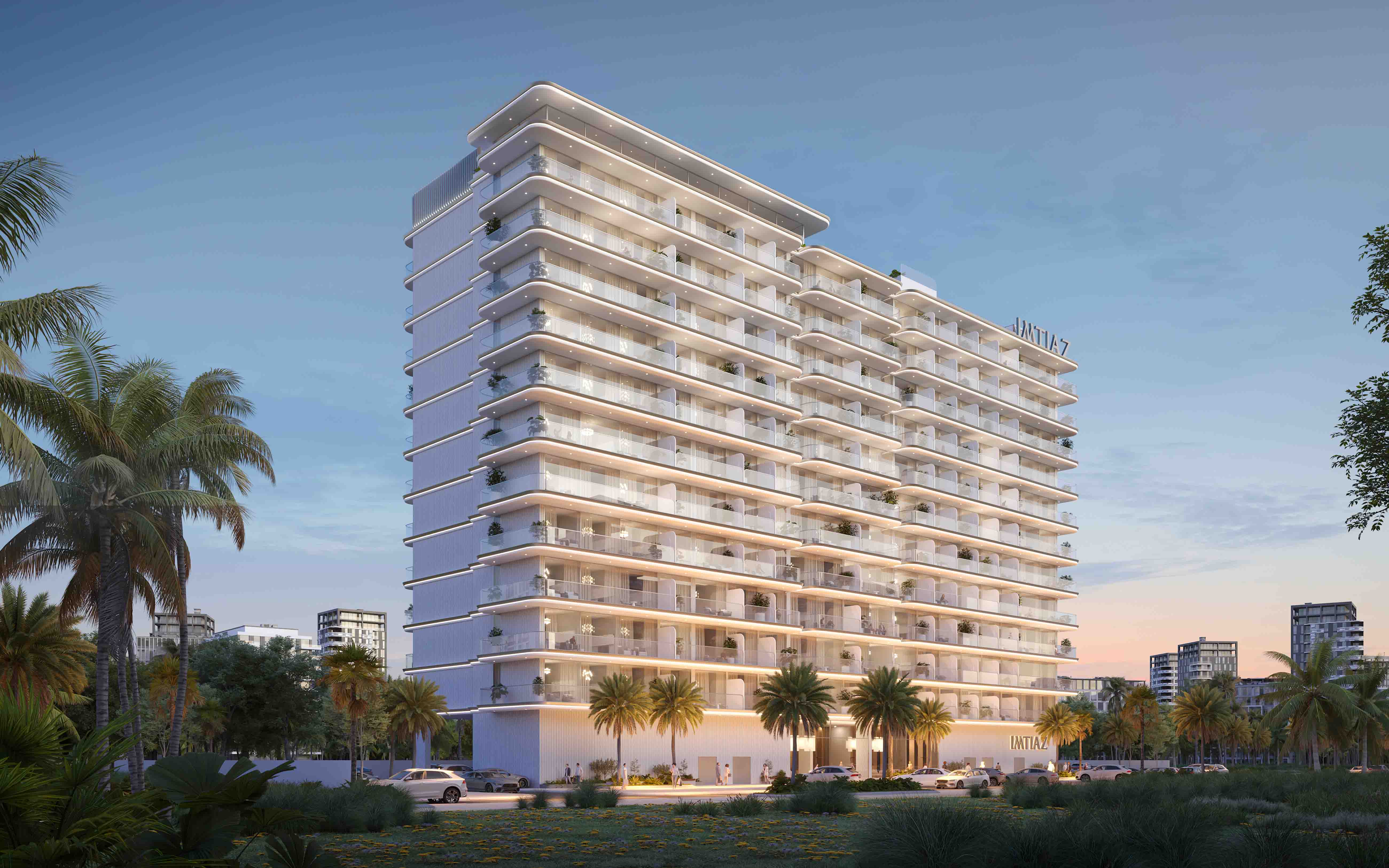 Cove Edition 6 By Imtiaz 1 A modern multi-story residential building surrounded by palm trees and greenery under a clear blue sky.