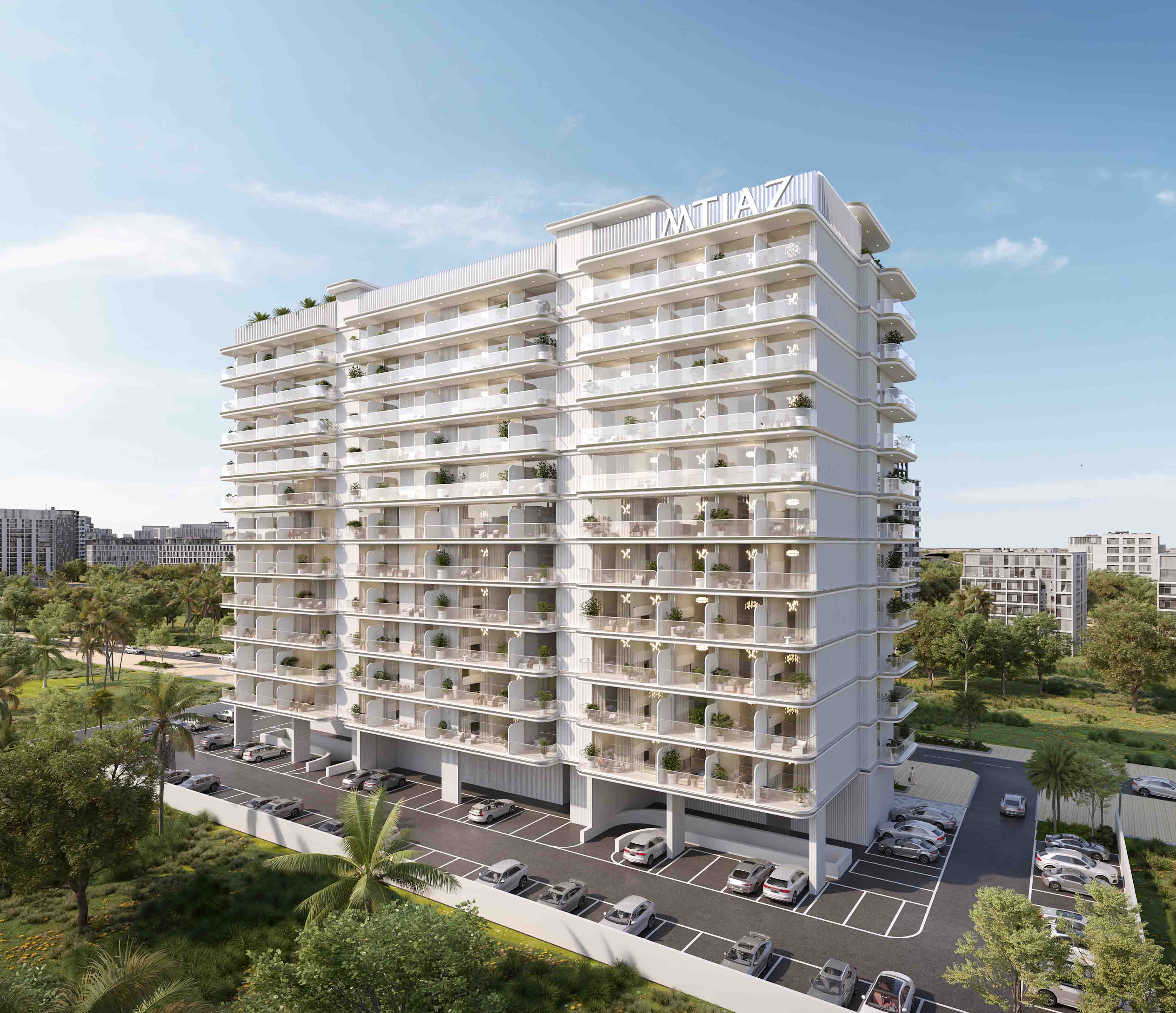 Cove Edition 6 By Imtiaz 1 A modern multi-story building with balconies, greenery, and parking spaces, set against a clear blue sky.
