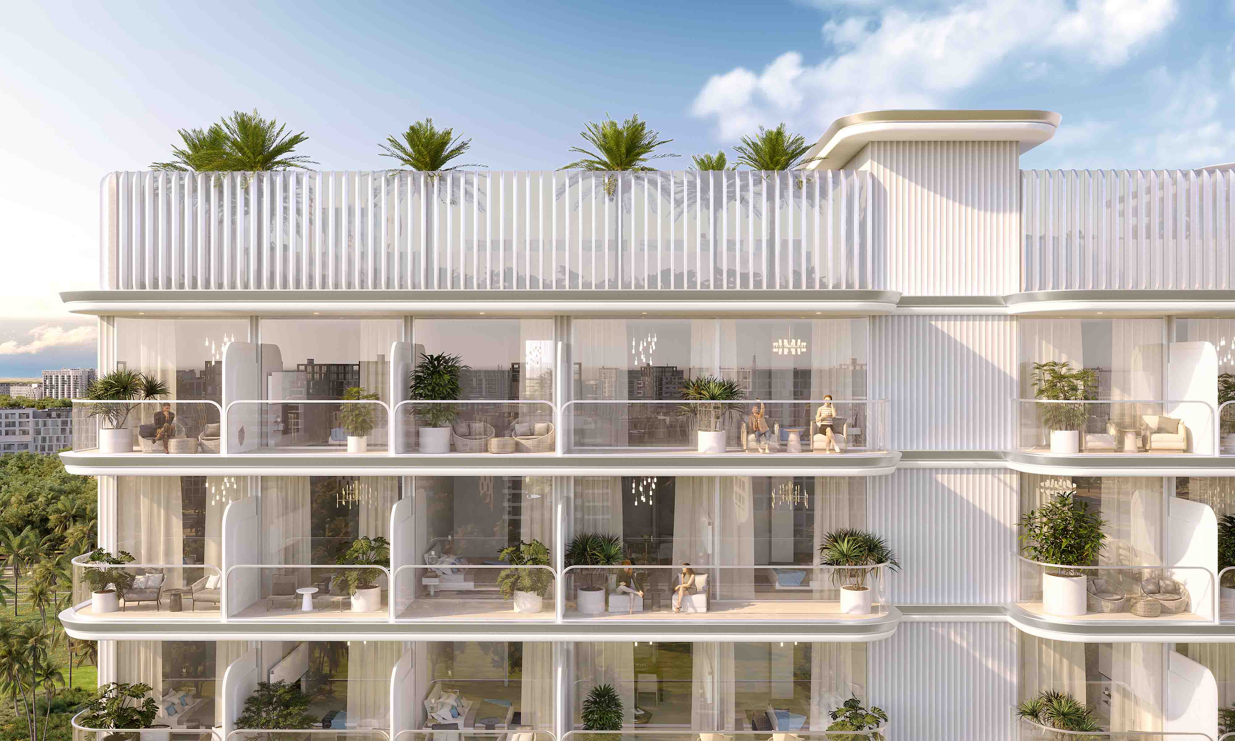 Cove Edition 6 By Imtiaz 1 A modern building with balconies, greenery, and elegant furnishings under a clear sky.