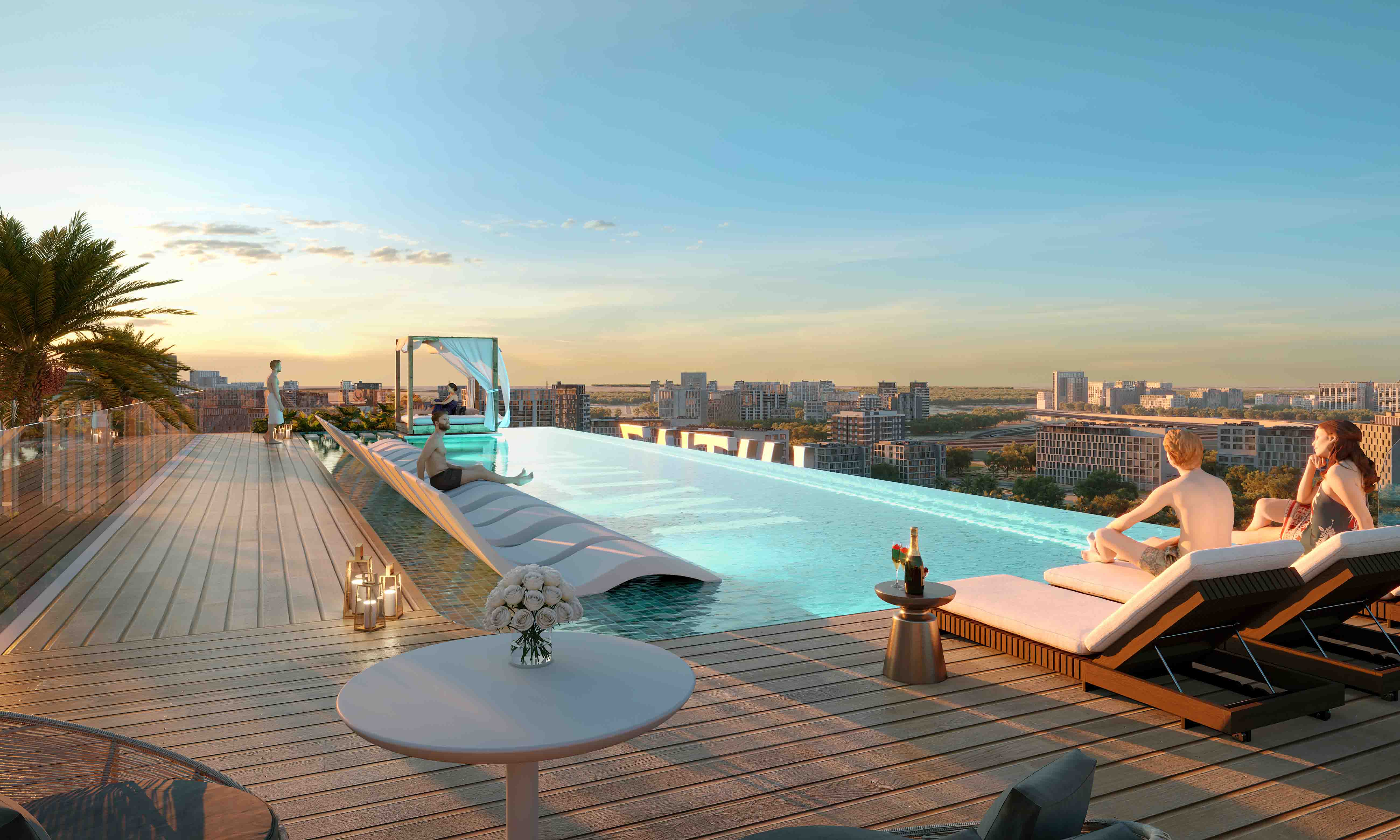 Cove Edition 6 By Imtiaz 1 A luxurious rooftop infinity pool with lounging guests, city skyline, and sunset views, surrounded by modern decor.