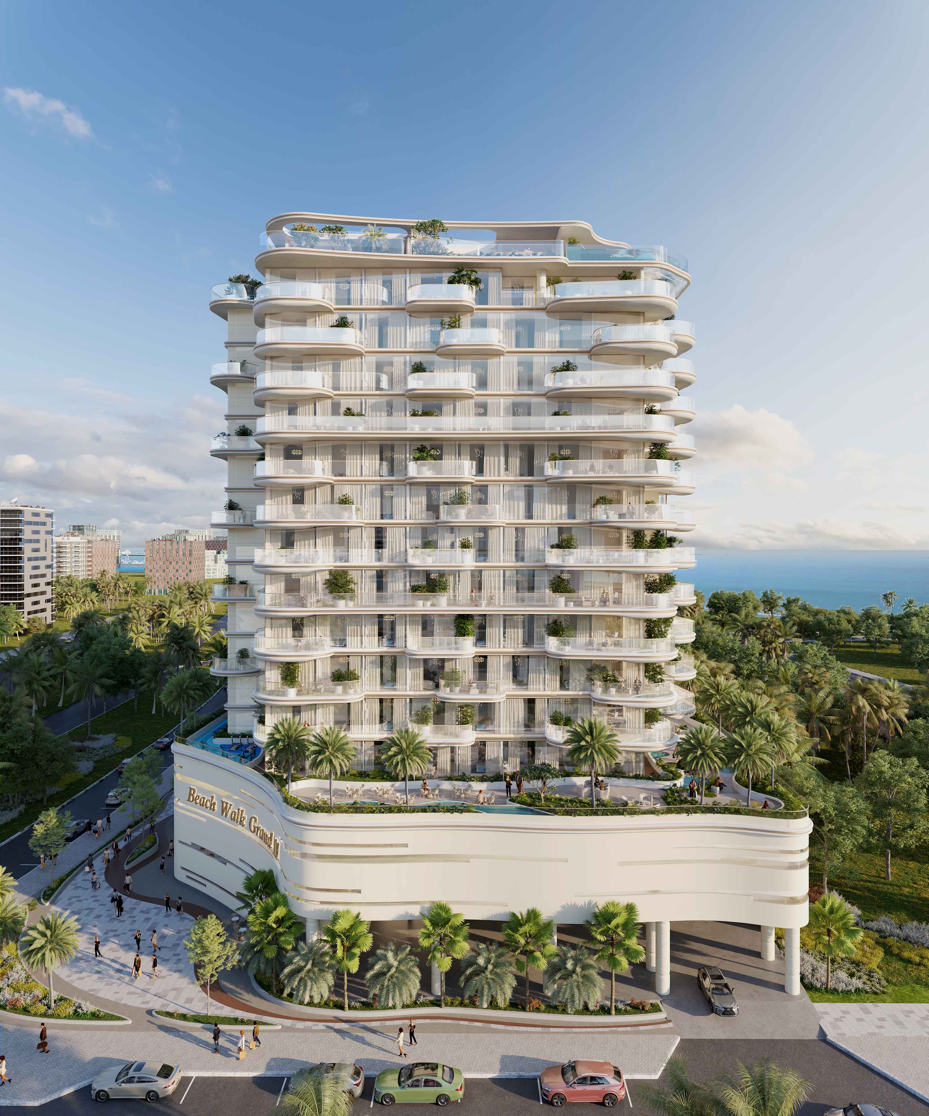 Beach Walk Grand 2 By Imtiaz A modern beachfront building featuring multiple balconies, lush greenery, and pedestrians, with blue skies above.