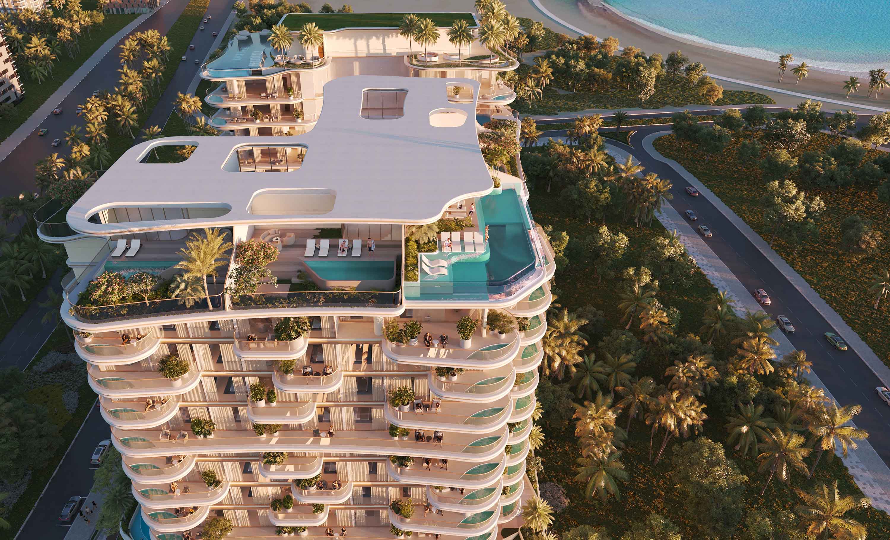 Beach Walk Grand 2 By Imtiaz A modern high-rise building featuring multiple floors, balconies, and a rooftop pool, surrounded by lush greenery.