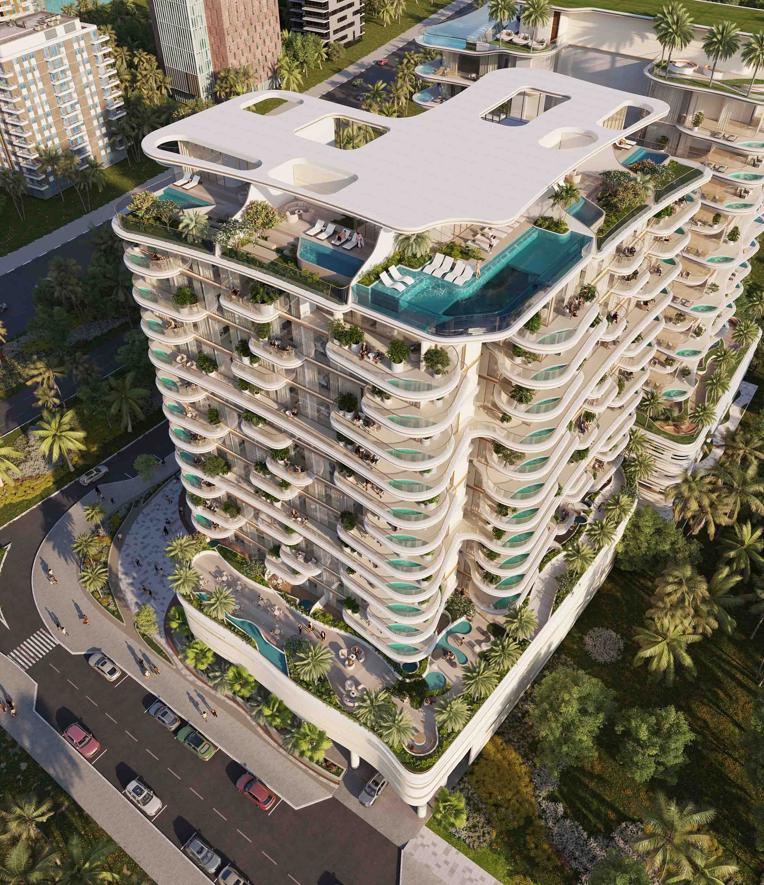 Beach Walk Grand 2 By Imtiaz A modern, multi-story building with lush greenery, balconies, and a rooftop pool, surrounded by palm trees.