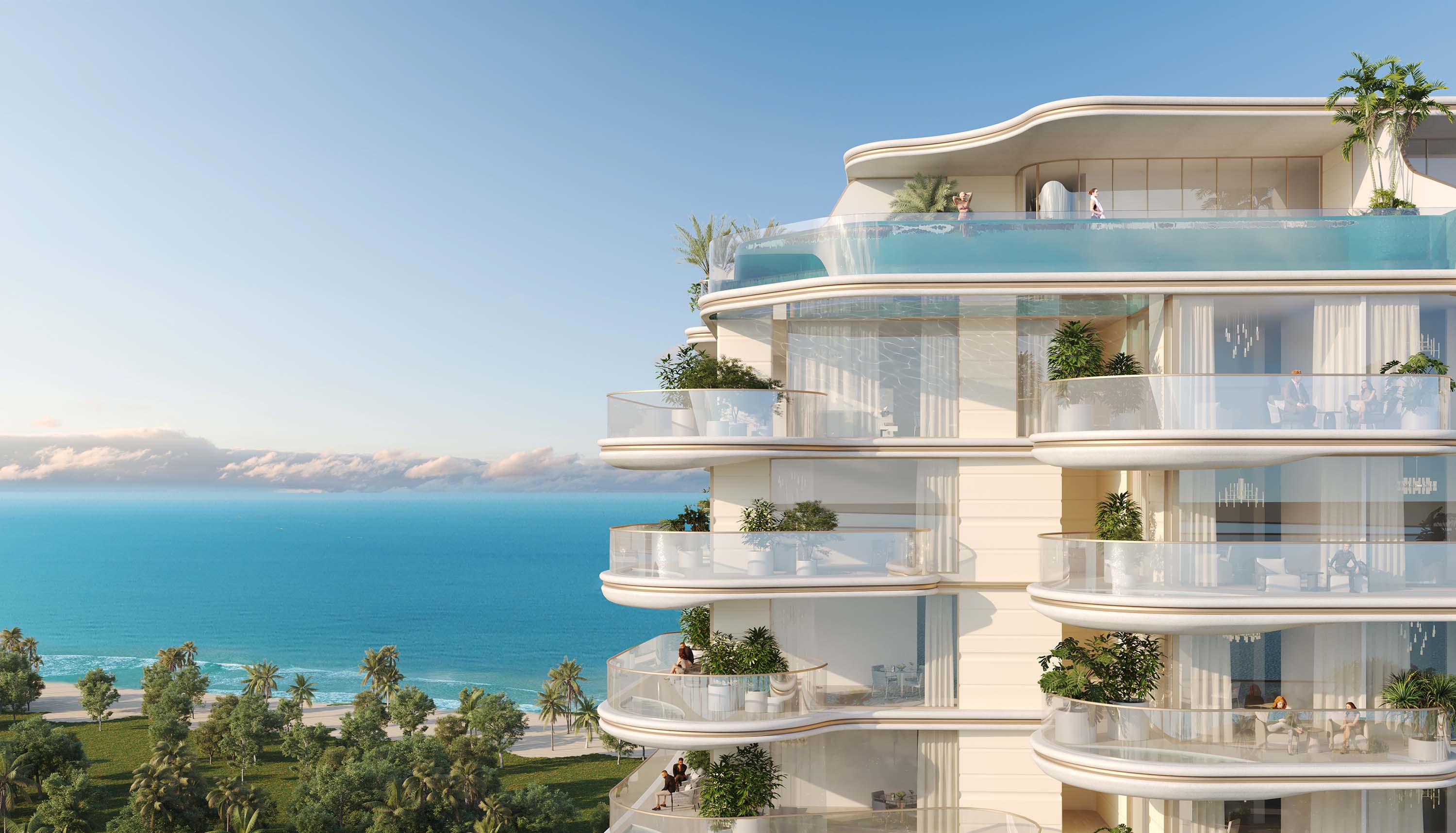 Beach Walk Grand 2 By Imtiaz Modern beachfront apartment building with curved architecture, glass balconies, and tropical greenery, overlooking the ocean.
