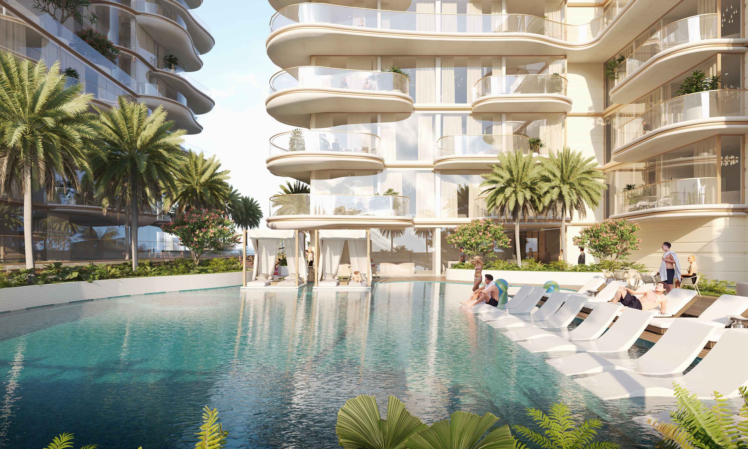 Beach Walk Grand 2 By Imtiaz A luxury swimming pool area surrounded by modern buildings, palm trees, and relaxing loungers, with people enjoying the sun.