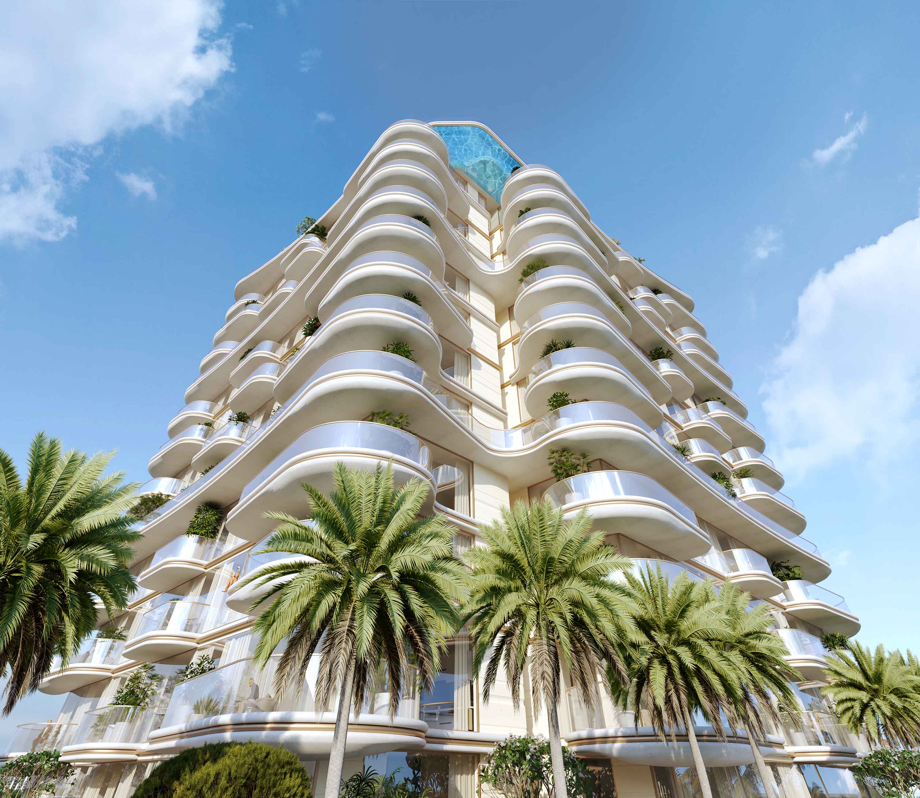 Beach Walk Grand 2 By Imtiaz Modern building with wavy balconies, surrounded by palm trees under a clear blue sky.