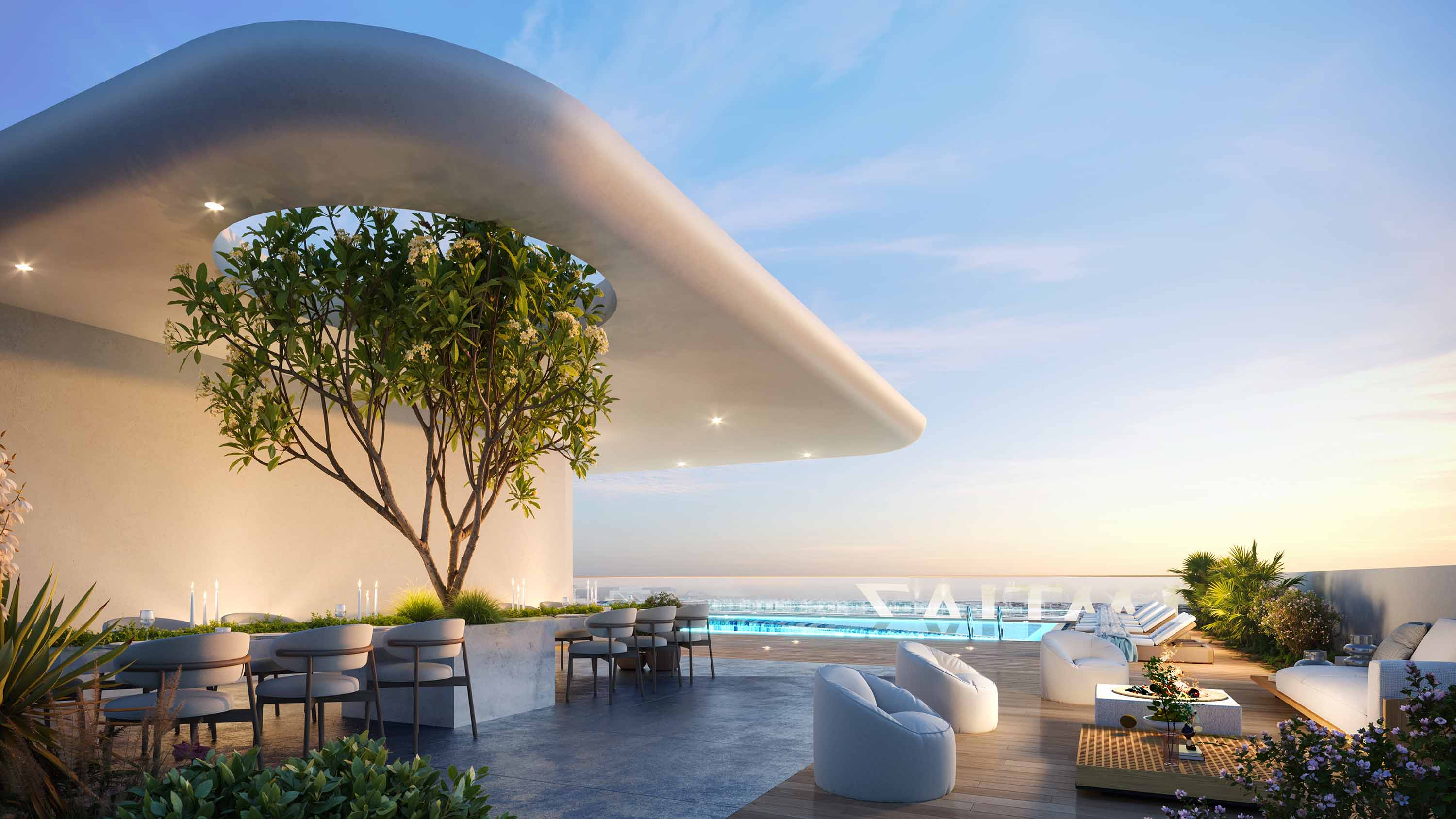 Pearl House 4 By Imtiaz Modern rooftop terrace featuring sleek furniture, a tree, greenery, and a swimming pool under a clear blue sky.