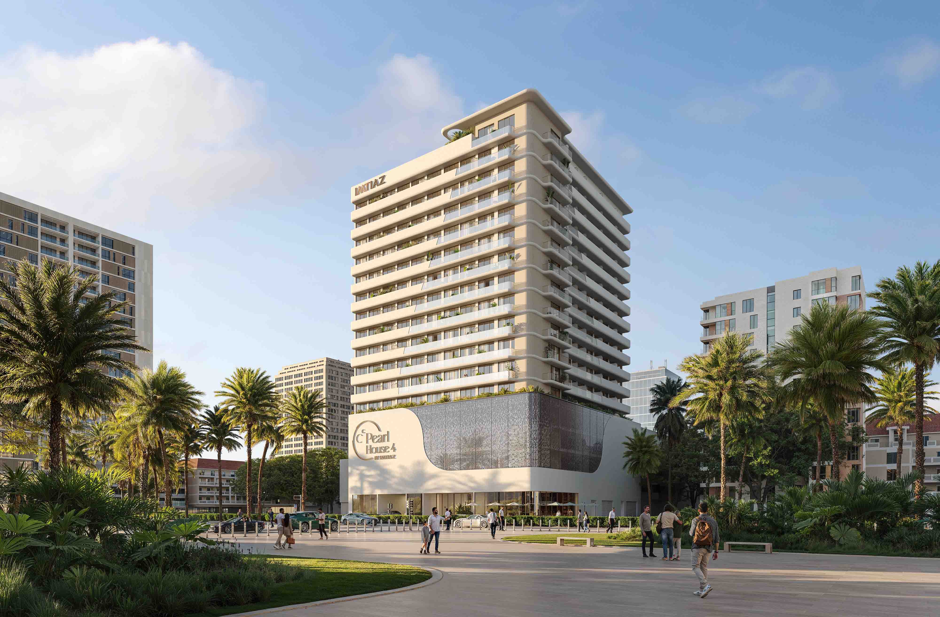 Pearl House 4 By Imtiaz Modern multi-story building featuring palm trees and greenery in a vibrant urban setting. People walking nearby.