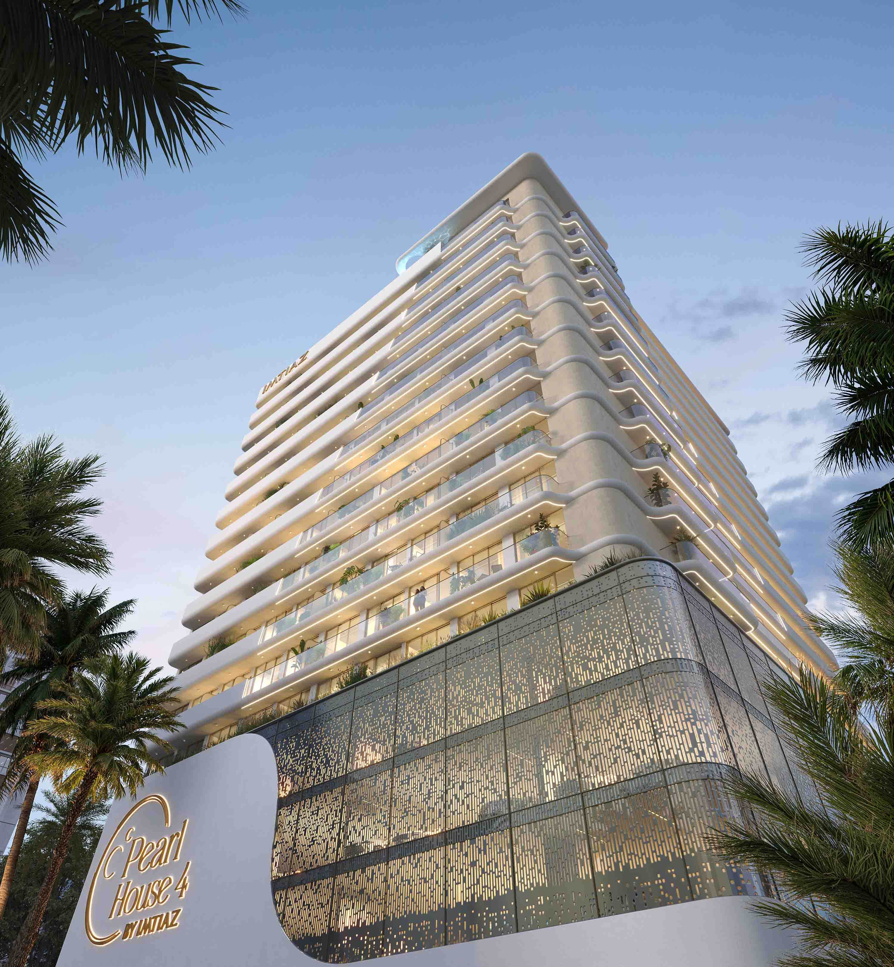 Pearl House 4 By Imtiaz A modern building with a sleek design, featuring balconies and decorative glass, surrounded by palm trees.