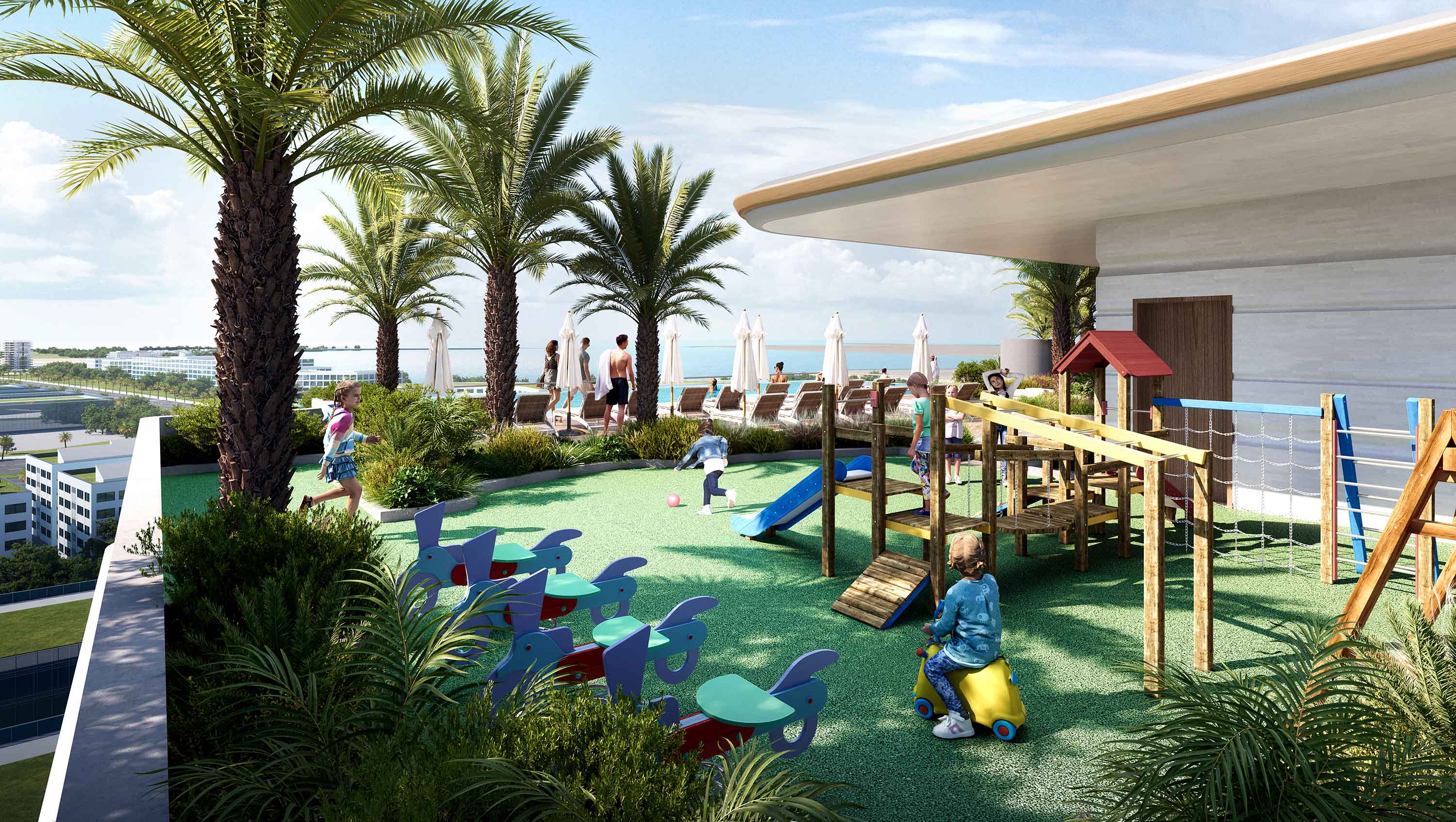 Sunset Bay 5 By Imtiaz A vibrant rooftop playground features children playing, palm trees, and lounging areas with umbrellas.