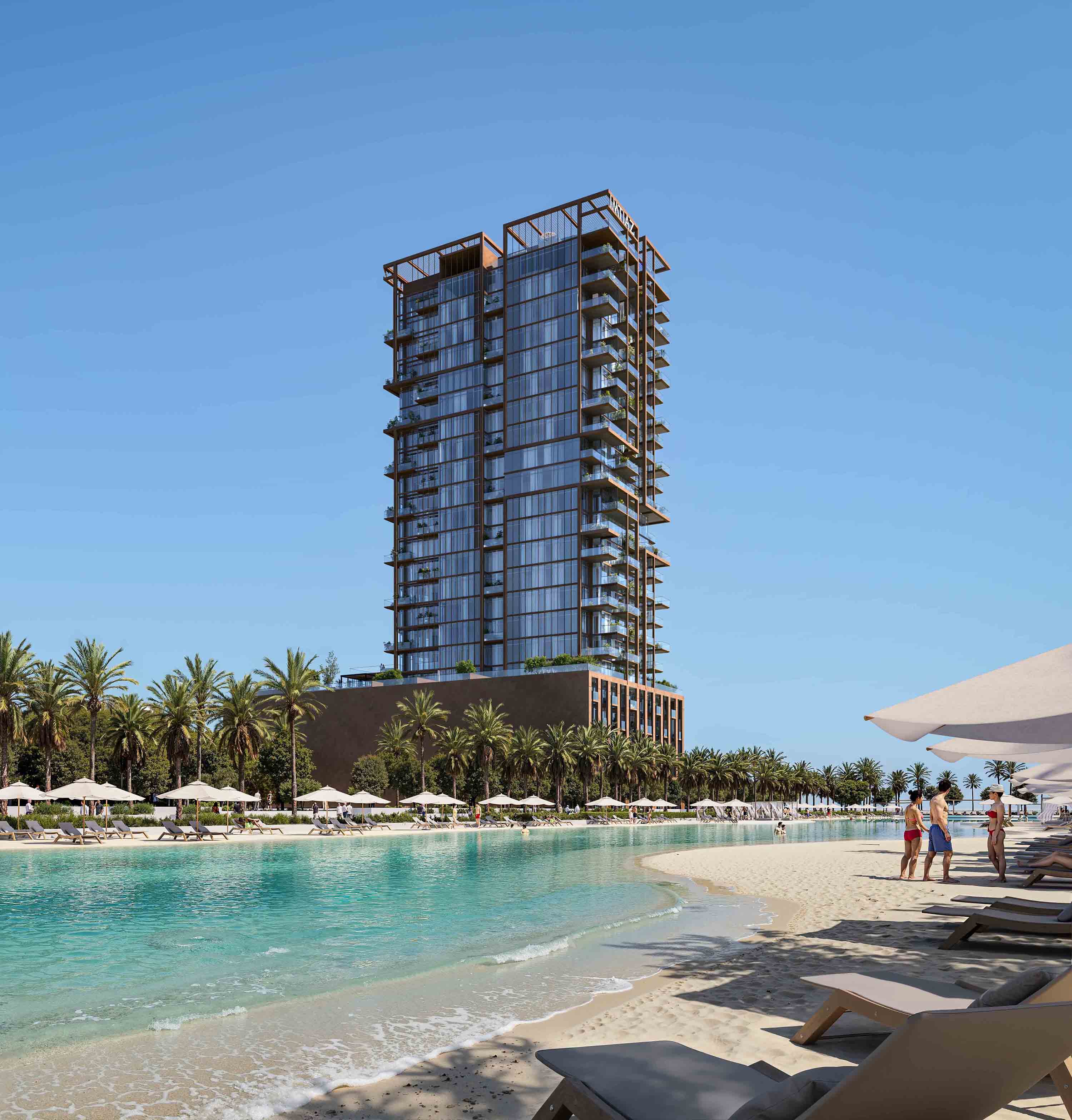 Wynwood Horizon By Imtiaz A modern high-rise building beside a calm beach, lined with palm trees and lounging chairs under umbrellas.