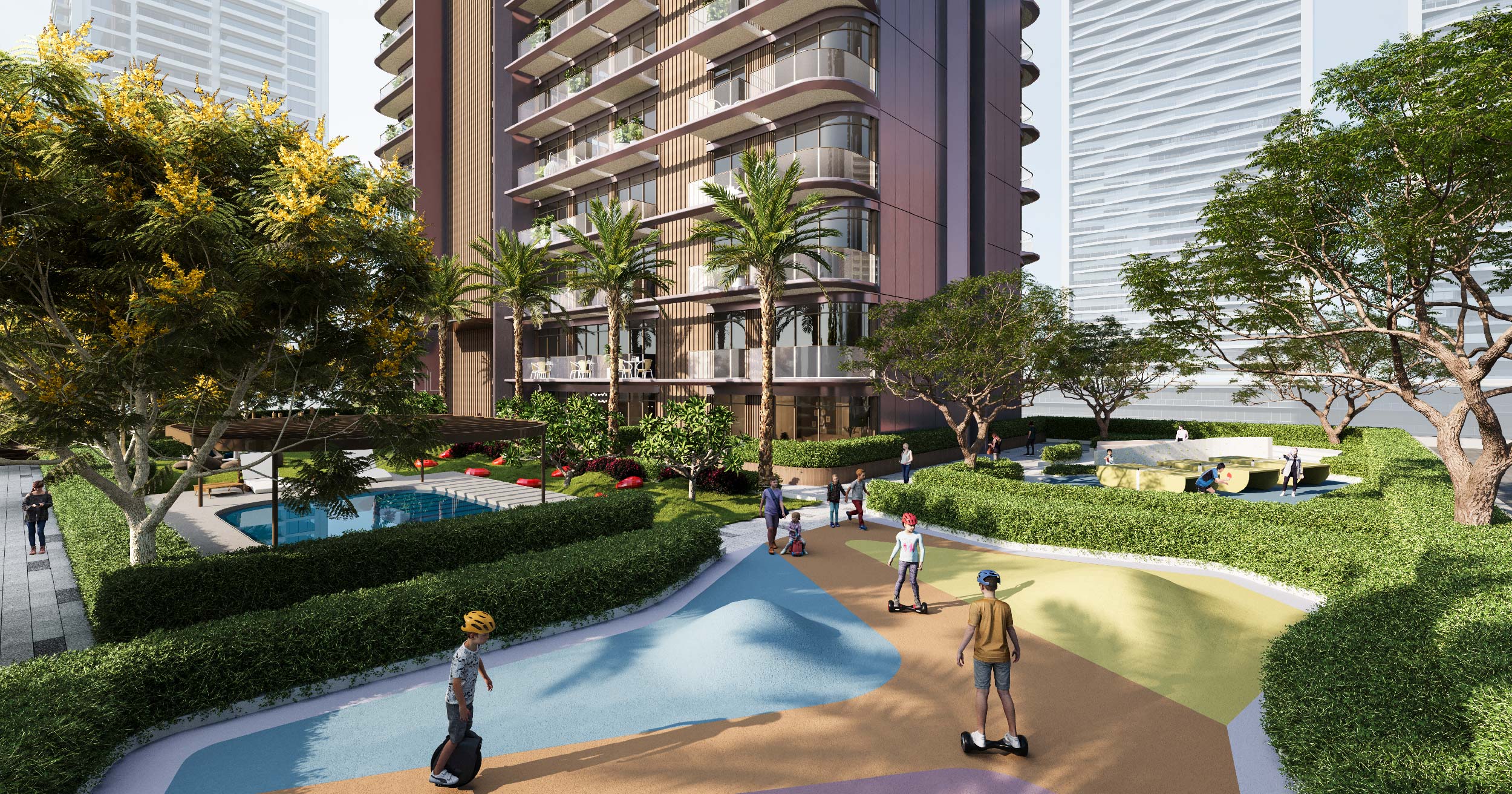 Luxor By Imtiaz A modern residential area with greenery, a pool, and people enjoying recreational activities on colorful pathways.