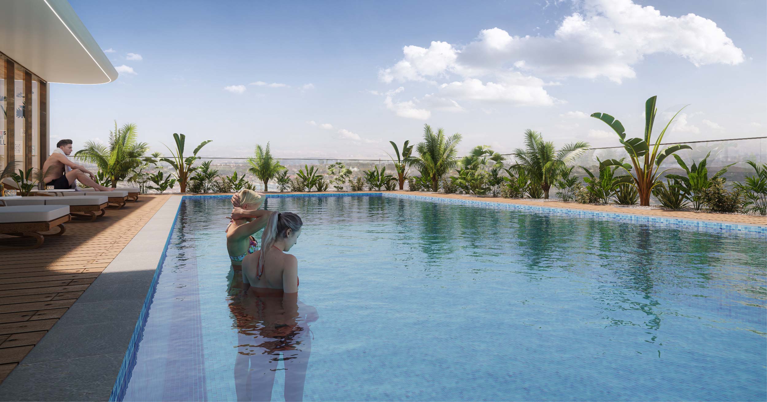 Pearl House Ii By Imtiaz Two women wade in a rooftop pool, while a man relaxes on a lounge chair, surrounded by greenery and blue skies.