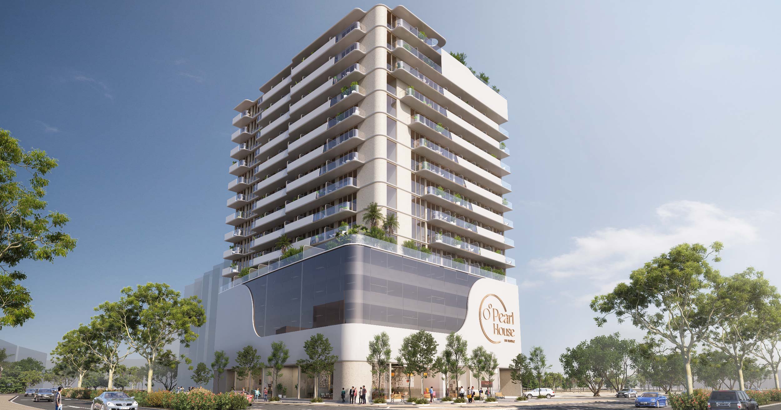 Pearl House By Imtiaz A modern multi-story building with balconies, greenery, and a sign reading "Pearl House" amidst trees and cars.
