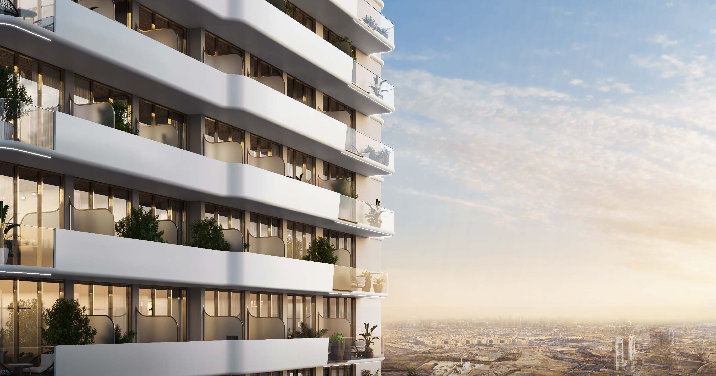 Pearl House By Imtiaz Modern apartment building with balconies and greenery, overlooking a city skyline under a blue sky.