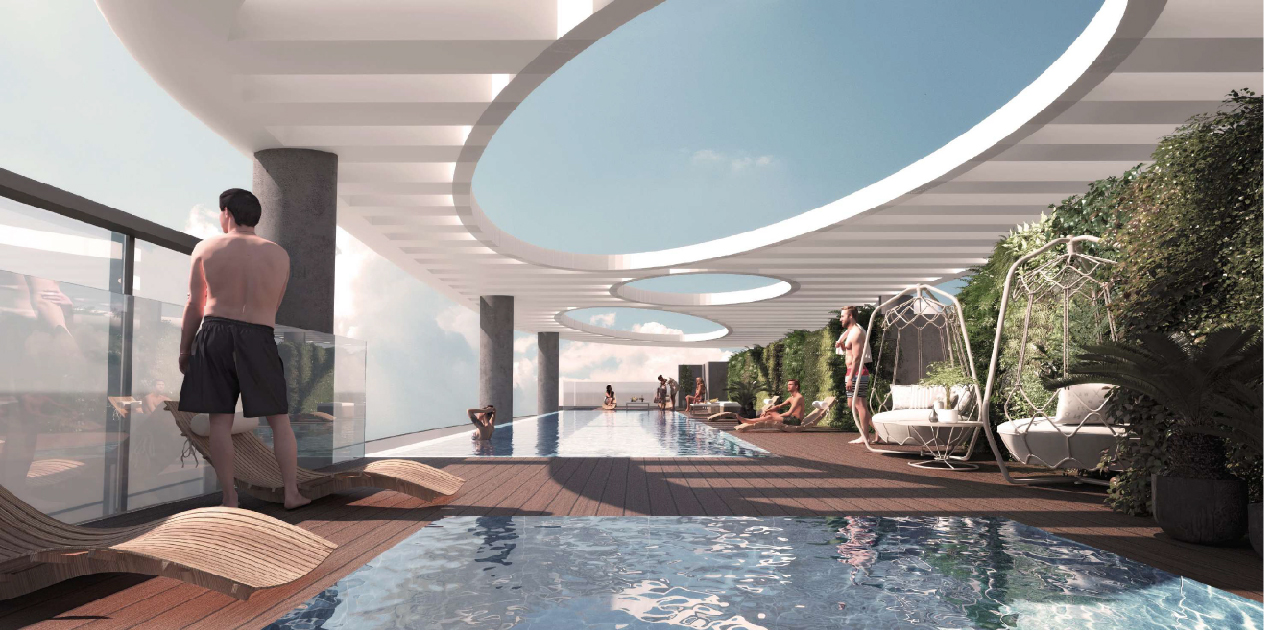 Westwood Grande Ii By Imtiaz A modern rooftop pool with people relaxing, lush greenery, and unique architectural features overhead.