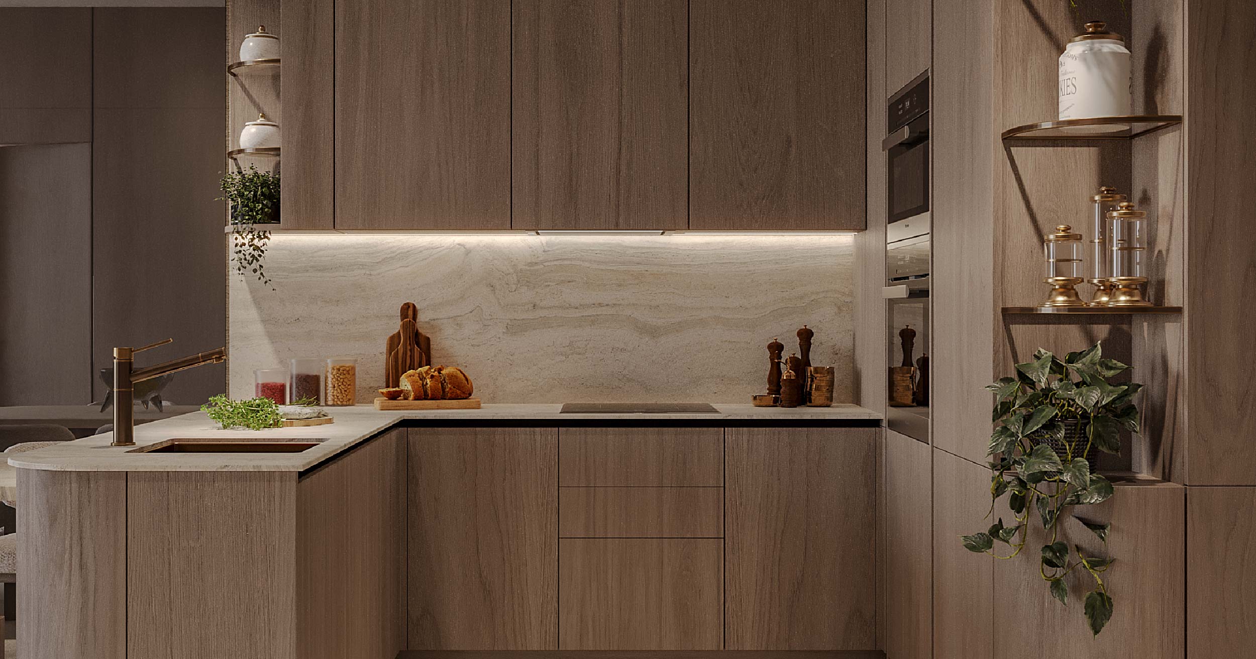 Pearl House Iii By Imtiaz A modern kitchen featuring wooden cabinets, elegant countertops, plants, spices, and kitchen tools.