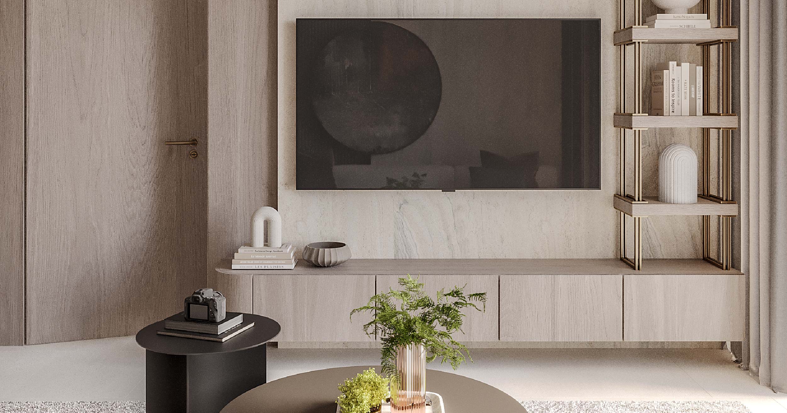 Pearl House Iii By Imtiaz A modern living room featuring a TV unit, decorative shelves, a coffee table, and plants for a stylish ambiance.