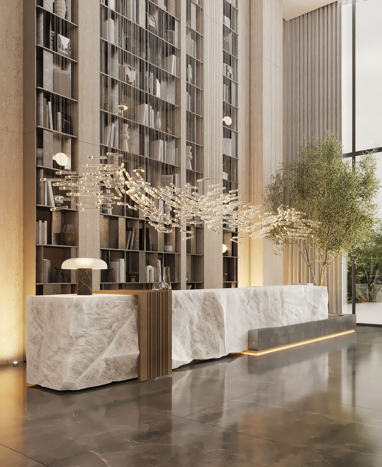 Cove By Imtiaz A modern reception area with a unique stone counter, illuminated pendant lights, and a tall bookshelf backdrop.
