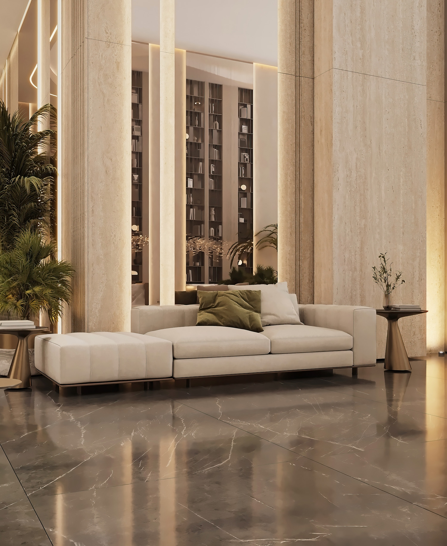 Cove By Imtiaz A modern interior with a beige sofa, decorative pillows, tall columns, a bookshelf, and lush plants.
