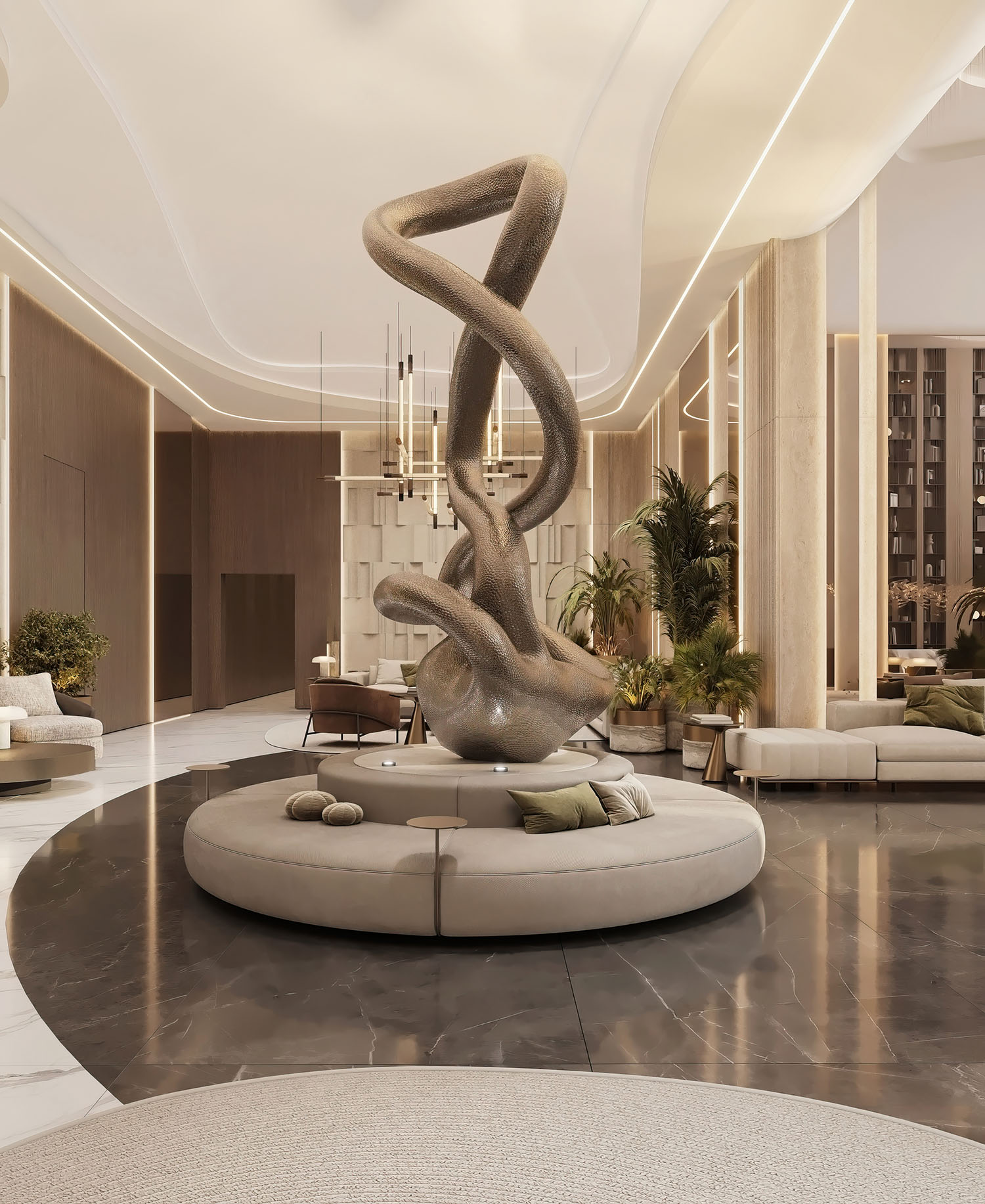 Cove By Imtiaz A stylish lobby features a unique abstract sculpture, plush seating, decorative plants, and elegant lighting.