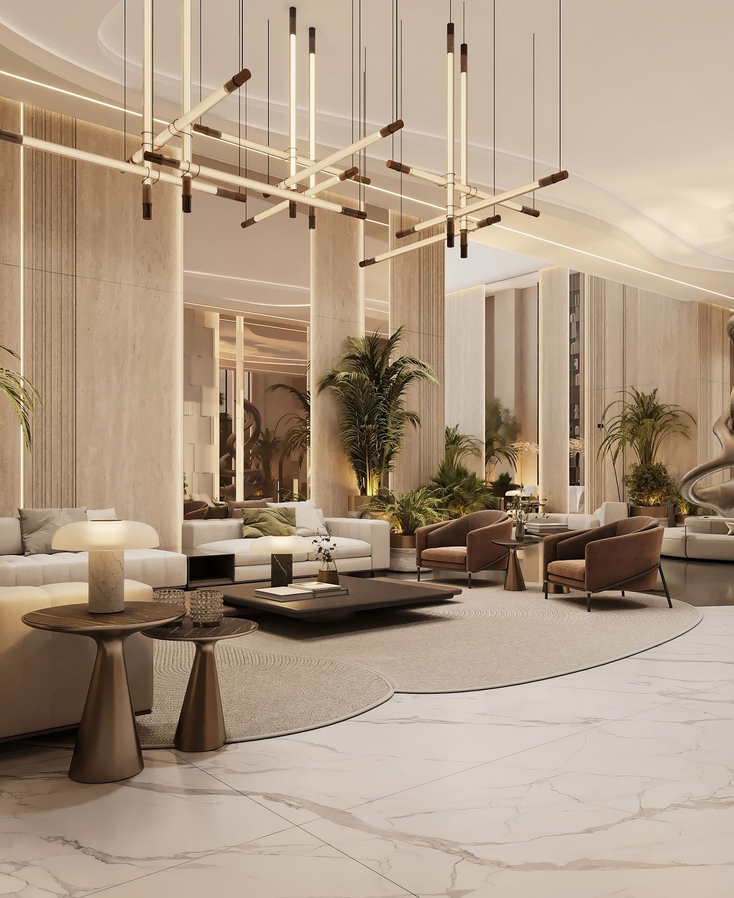 Cove By Imtiaz A modern and elegant lobby featuring stylish seating, decorative plants, and contemporary lighting fixtures.