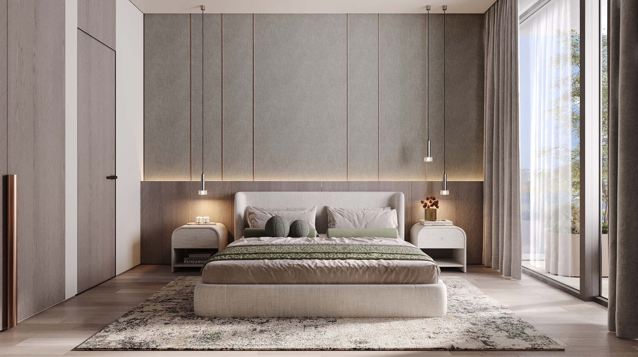 Cove Edition I By Imtiaz 1 A modern bedroom featuring a large bed, light-colored walls, bedside tables, and large windows with curtains.