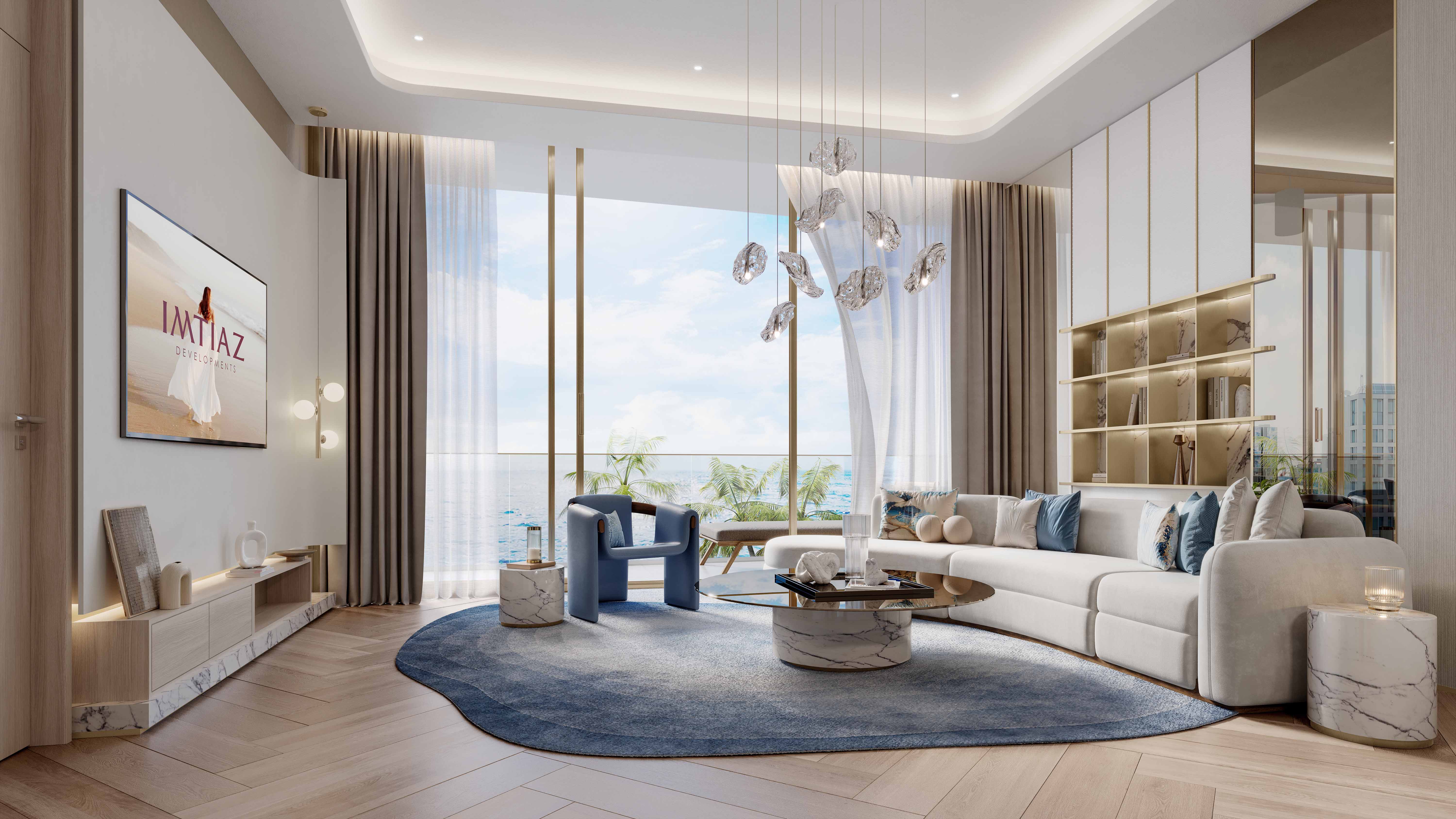 Beach Walk Iii By Imtiaz A modern living room featuring elegant furnishings, a view of the ocean, and decorative elements like a rug and lighting.