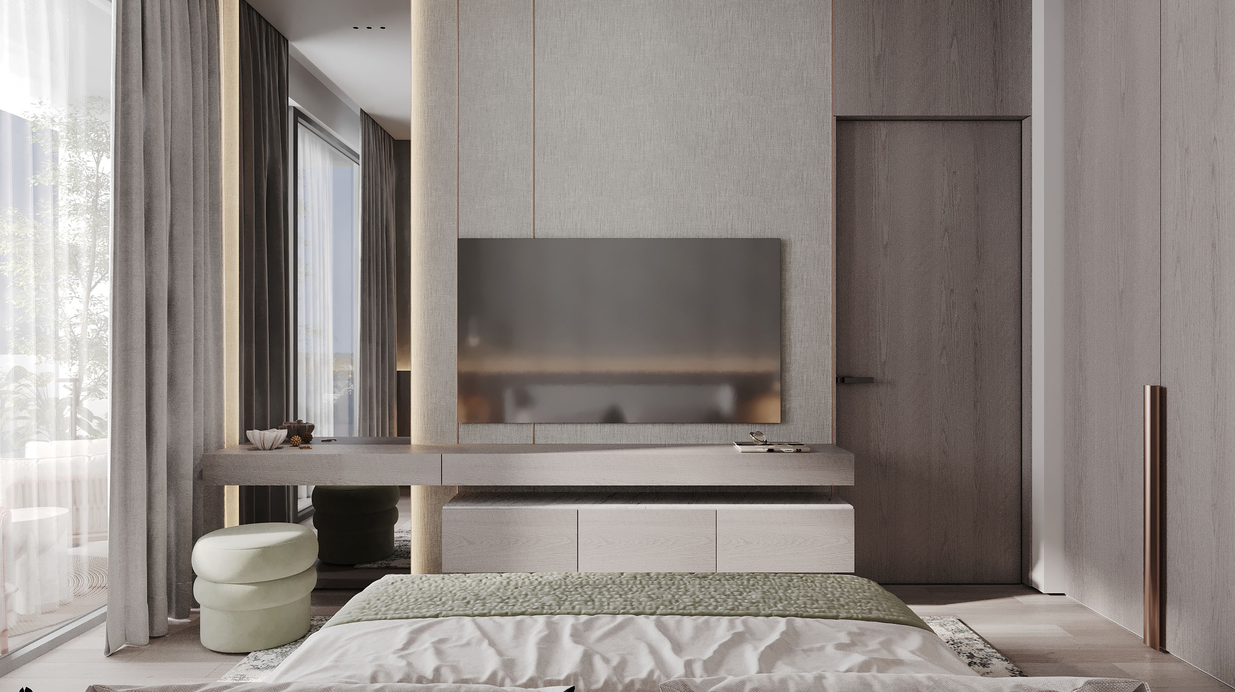 Cove Edition Iii By Imtiaz Modern bedroom interior featuring a bed, television, a small table, and soft lighting with elegant curtains.