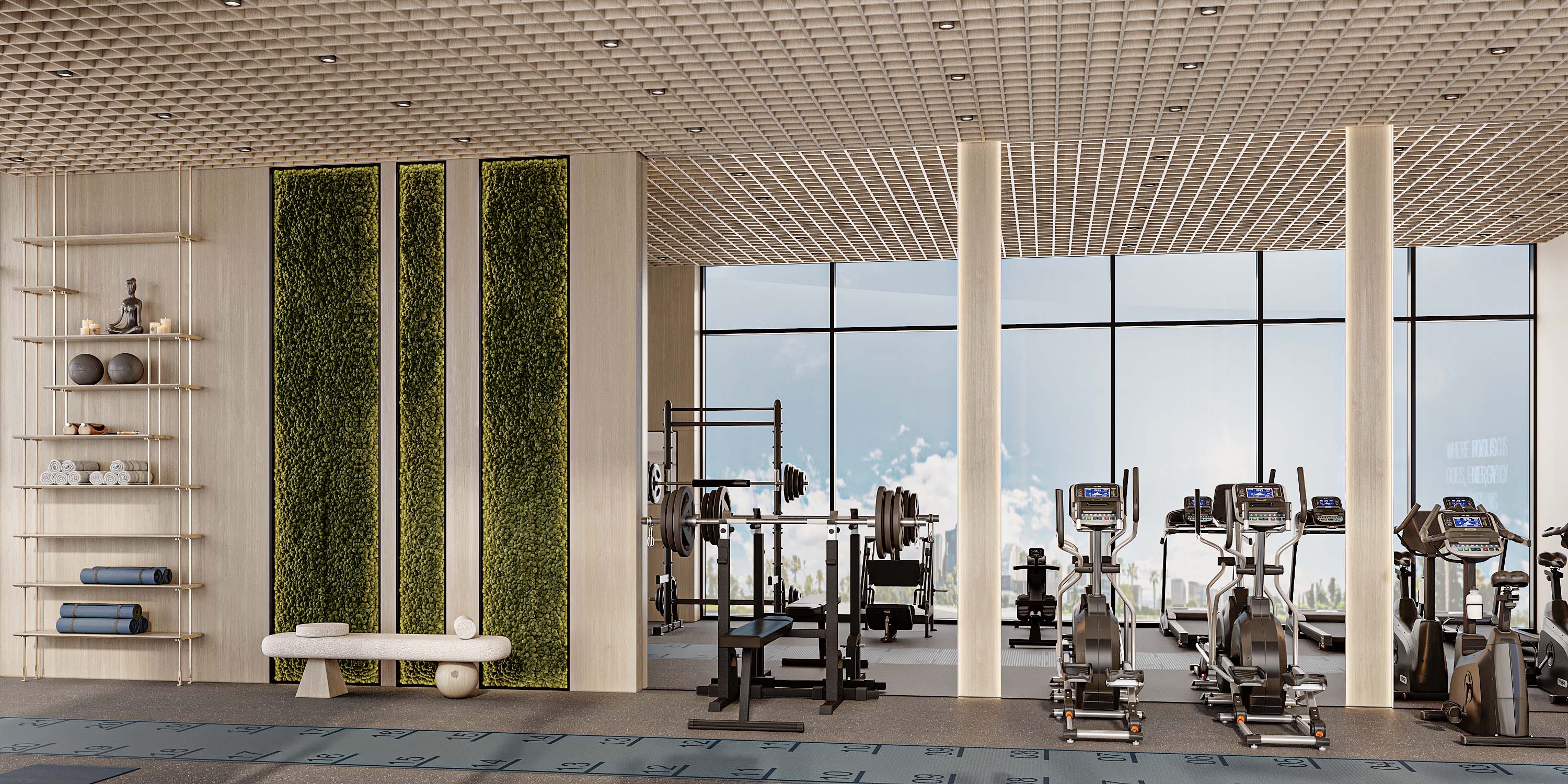 Cove Edition Iii By Imtiaz A modern gym interior featuring exercise equipment, green plant walls, and a display of yoga mats and towels.