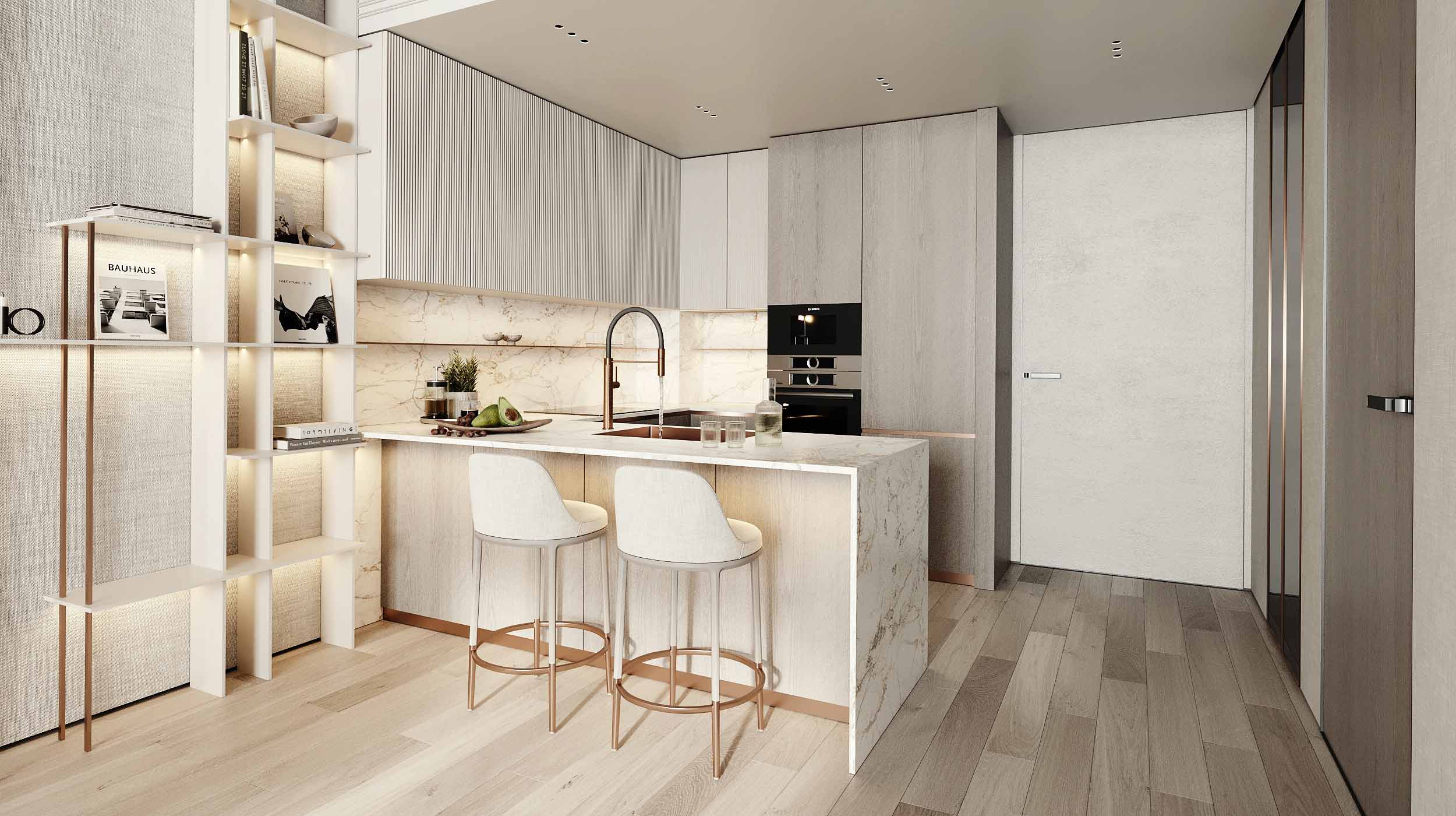 Cove Edition 4 By Imtiaz A modern kitchen featuring a marble island, sleek cabinetry, two stools, and a stylish shelf with decor.