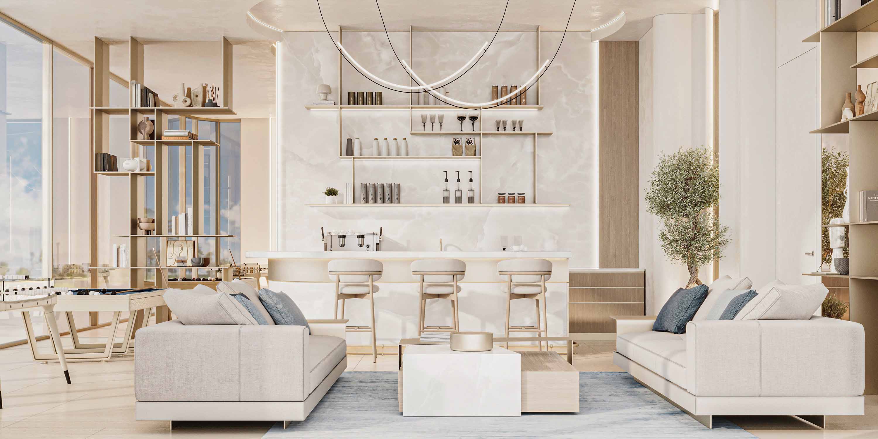 Cove Edition 4 By Imtiaz A modern living space featuring two sofas, a bar area, bookshelves, and large windows allowing natural light.