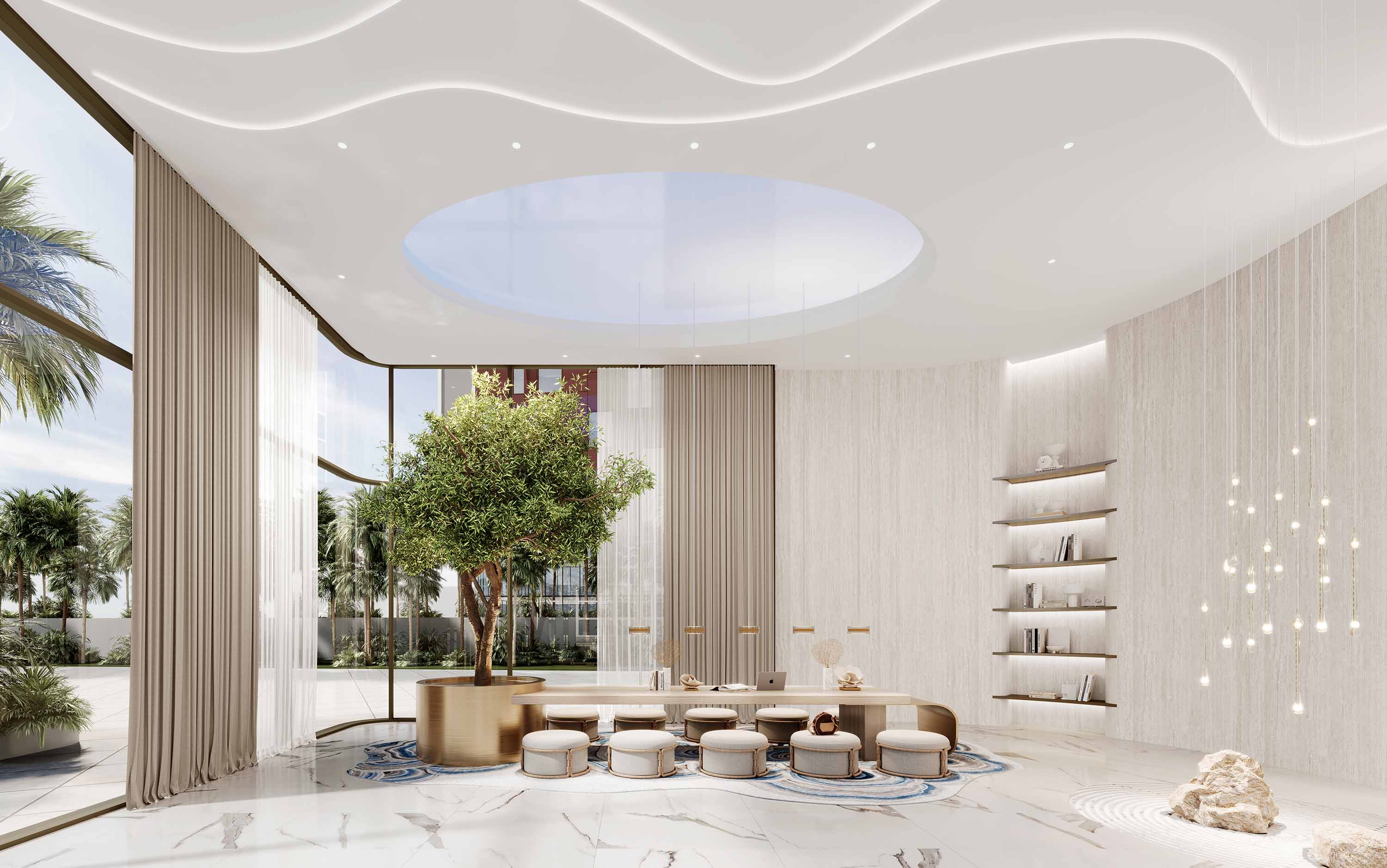 Beach Walk 4 By Imtiaz A modern lobby featuring a central tree, minimalist furniture, elegant lighting, and large windows with lush greenery outside.
