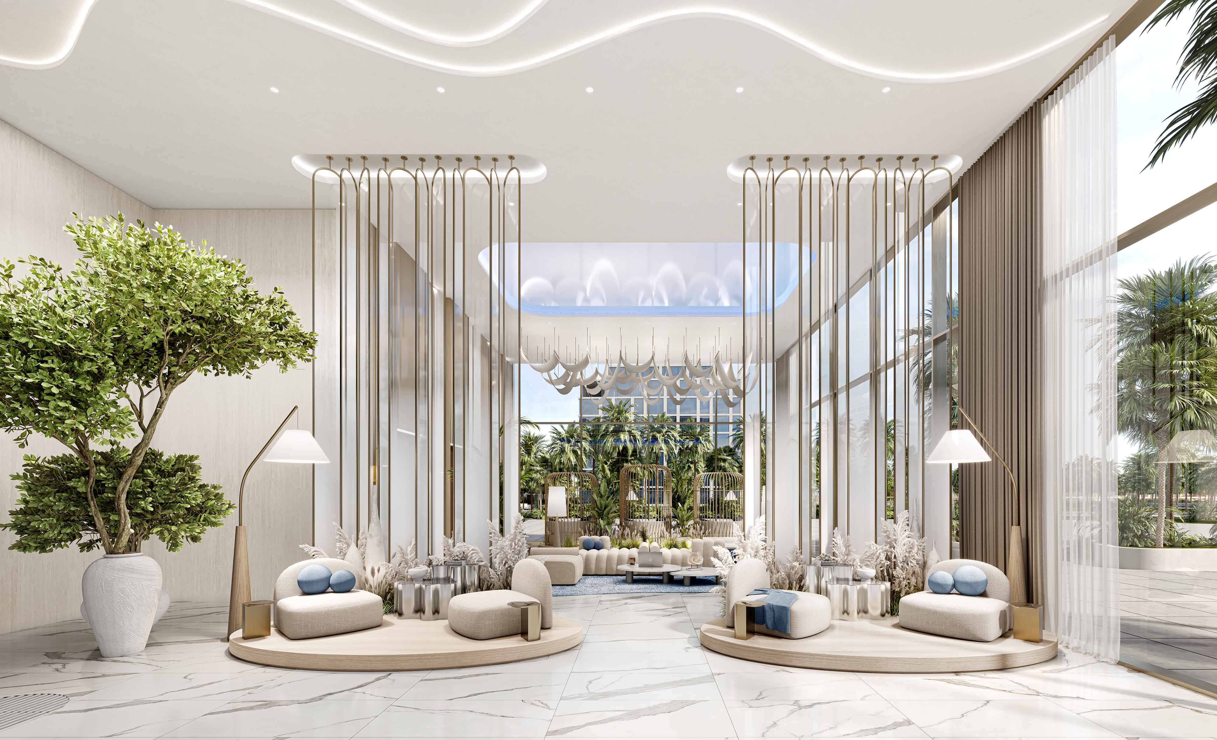 Beach Walk 4 By Imtiaz A bright, modern lounge with soft seating, plants, large windows, and elegant decor, creating a relaxing atmosphere.