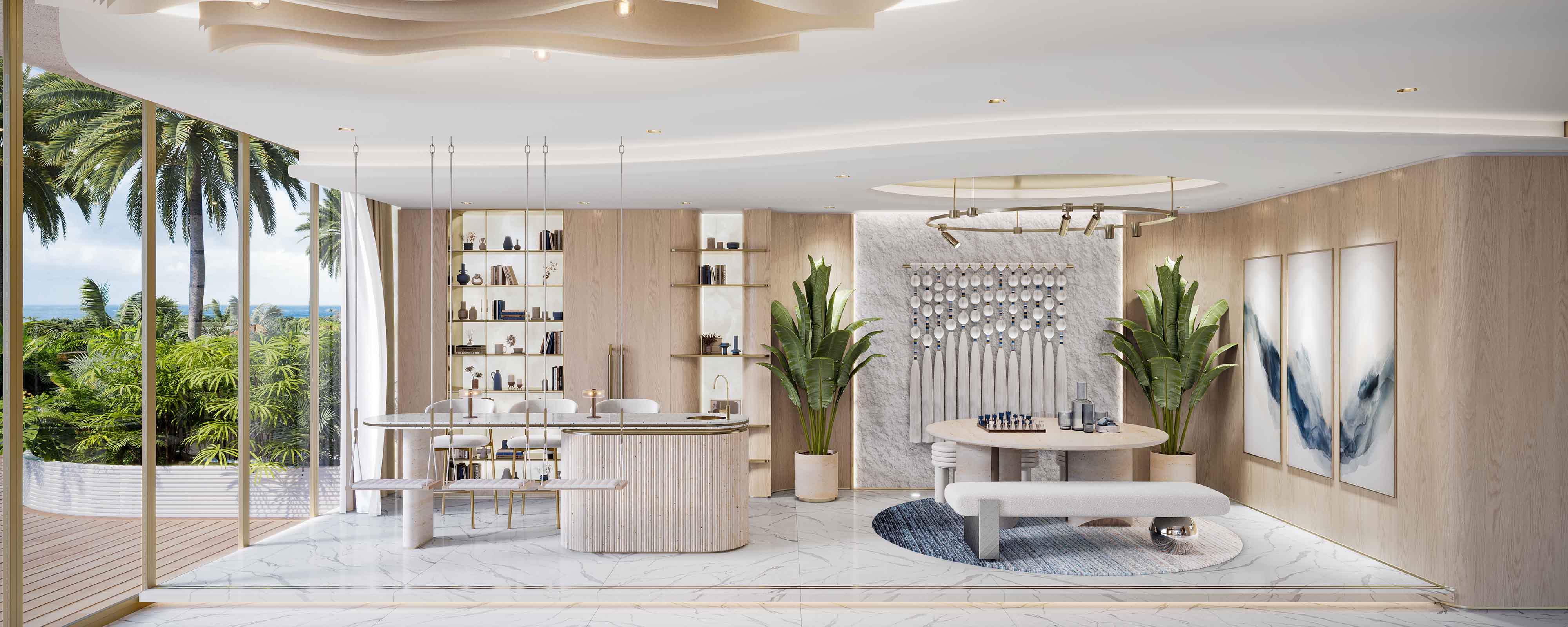 Beach Walk 4 By Imtiaz A modern, airy spa interior featuring plants, elegant furnishings, and large windows with a view of greenery outside.