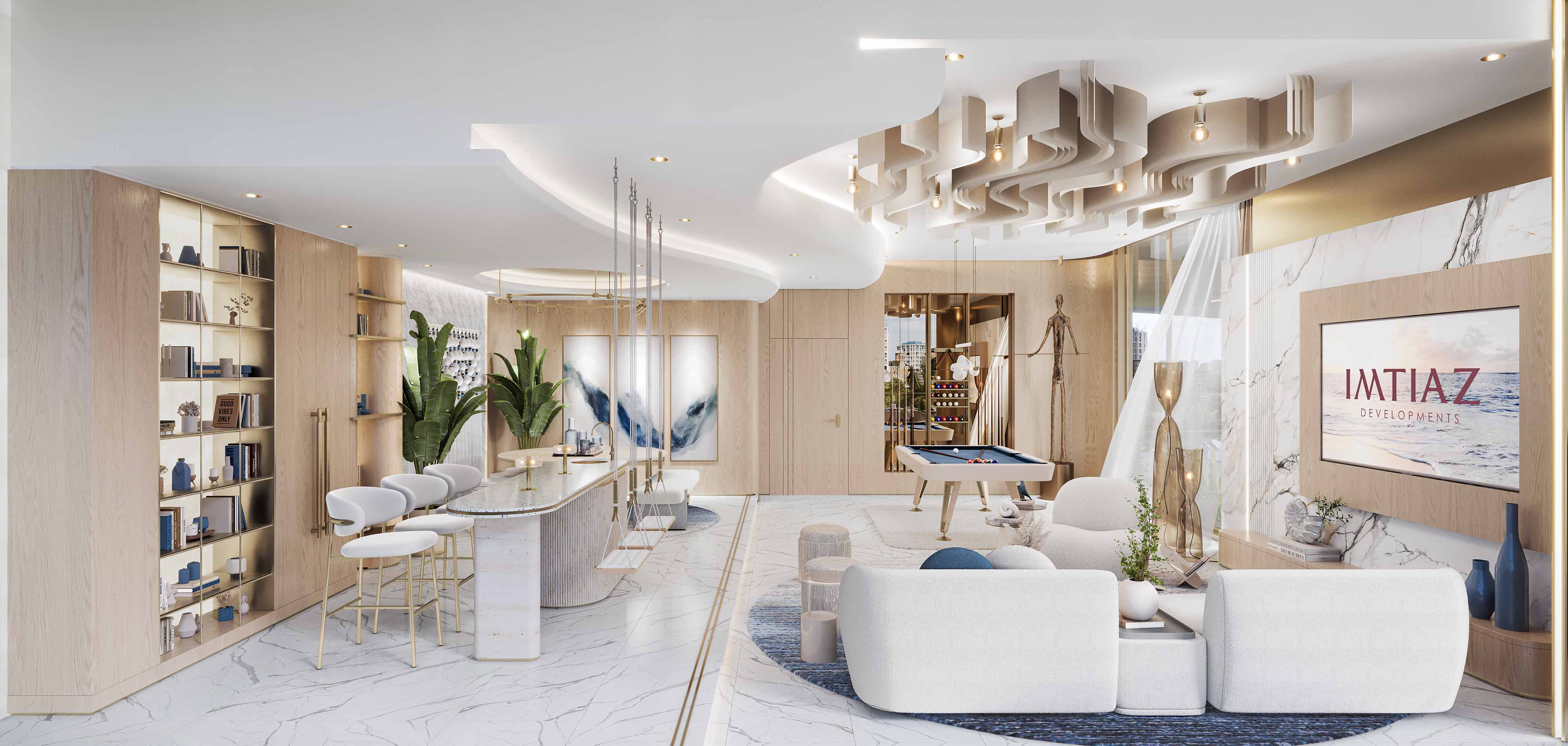 Beach Walk 4 By Imtiaz A modern lounge area featuring a bar, pool table, elegant seating, and decorative plants in a stylish setting.