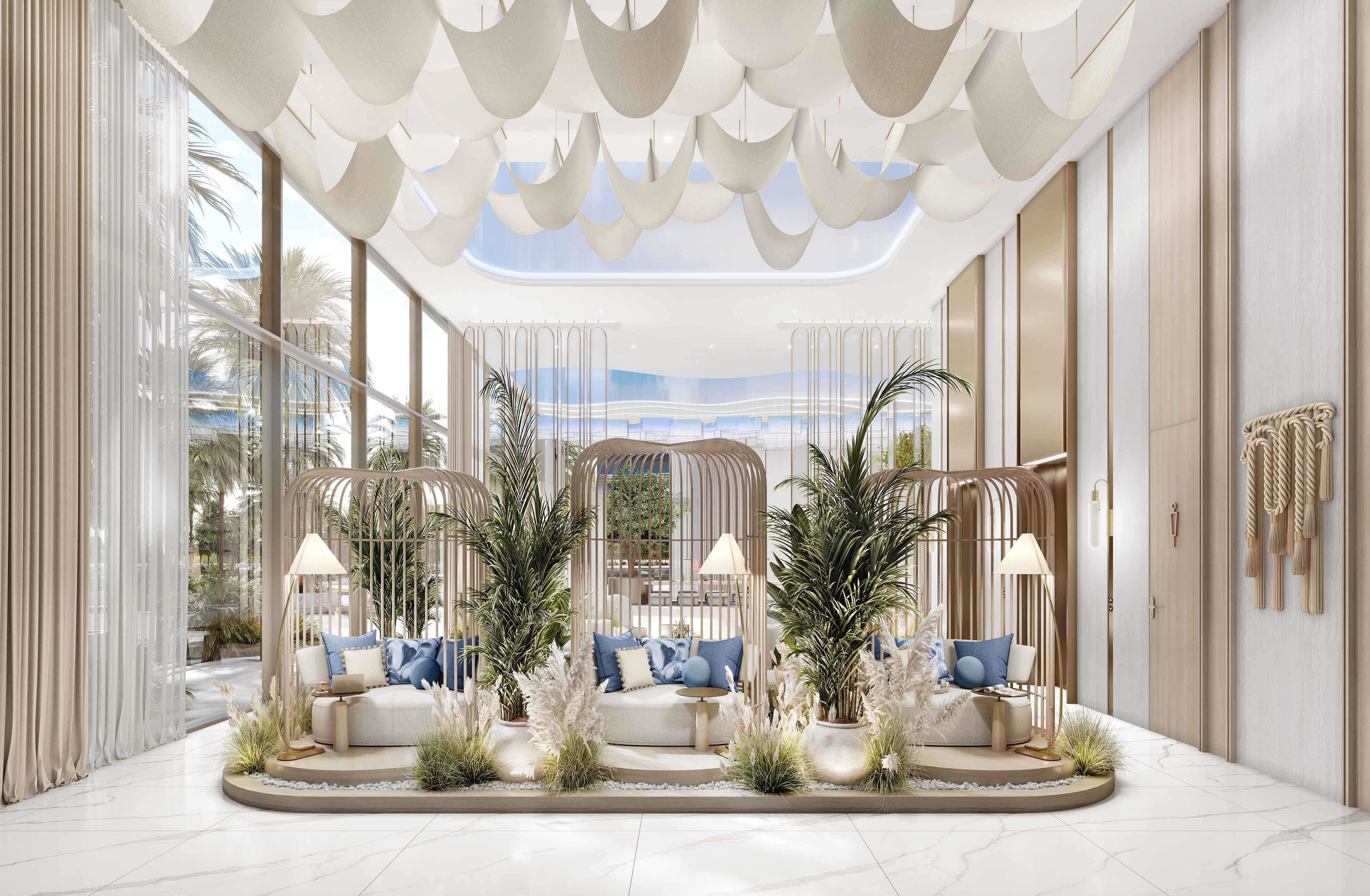 Beach Walk 4 By Imtiaz A modern, stylish lobby with elegant seating, palm plants, and large windows letting in natural light.