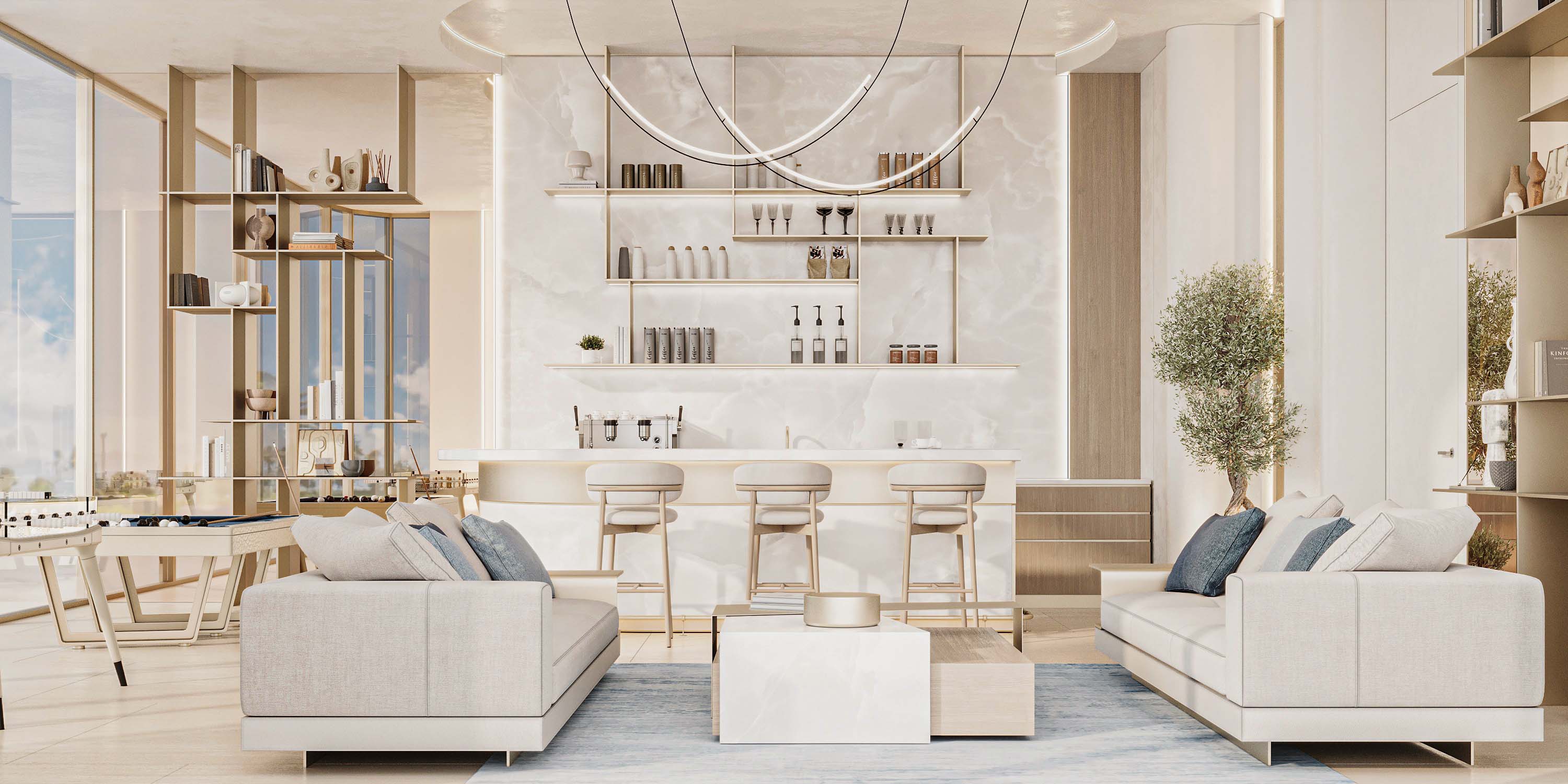Cove Grand By Imtiaz Modern living room featuring a light color palette, comfortable sofas, a stylish bar area, and large windows.
