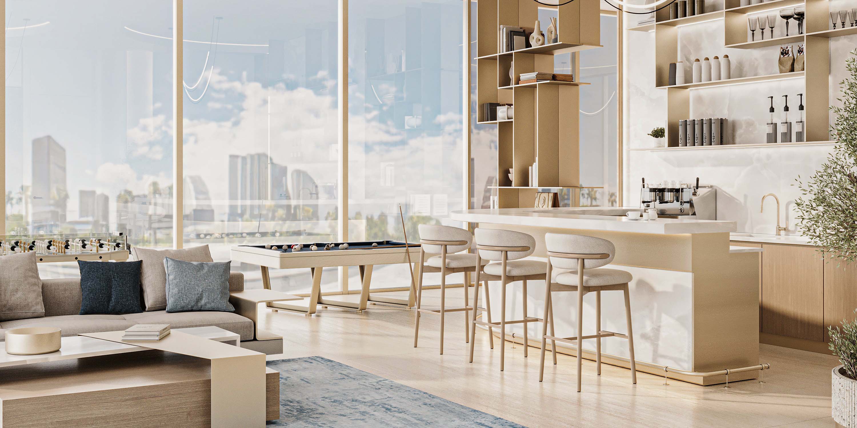 Cove Grand By Imtiaz A modern, spacious interior features a stylish living area with a kitchen bar, large windows, and elegant decor.