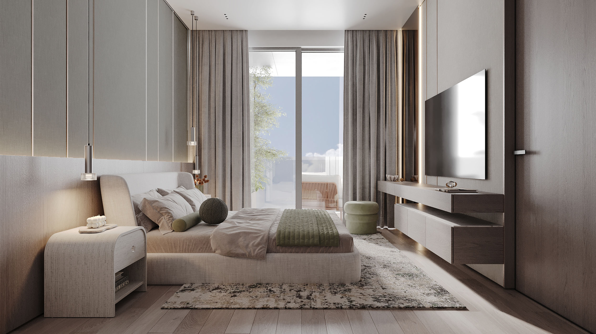 Cove Grand By Imtiaz A modern bedroom featuring a large bed, stylish decor, curtains, a TV on the wall, and natural light from windows.