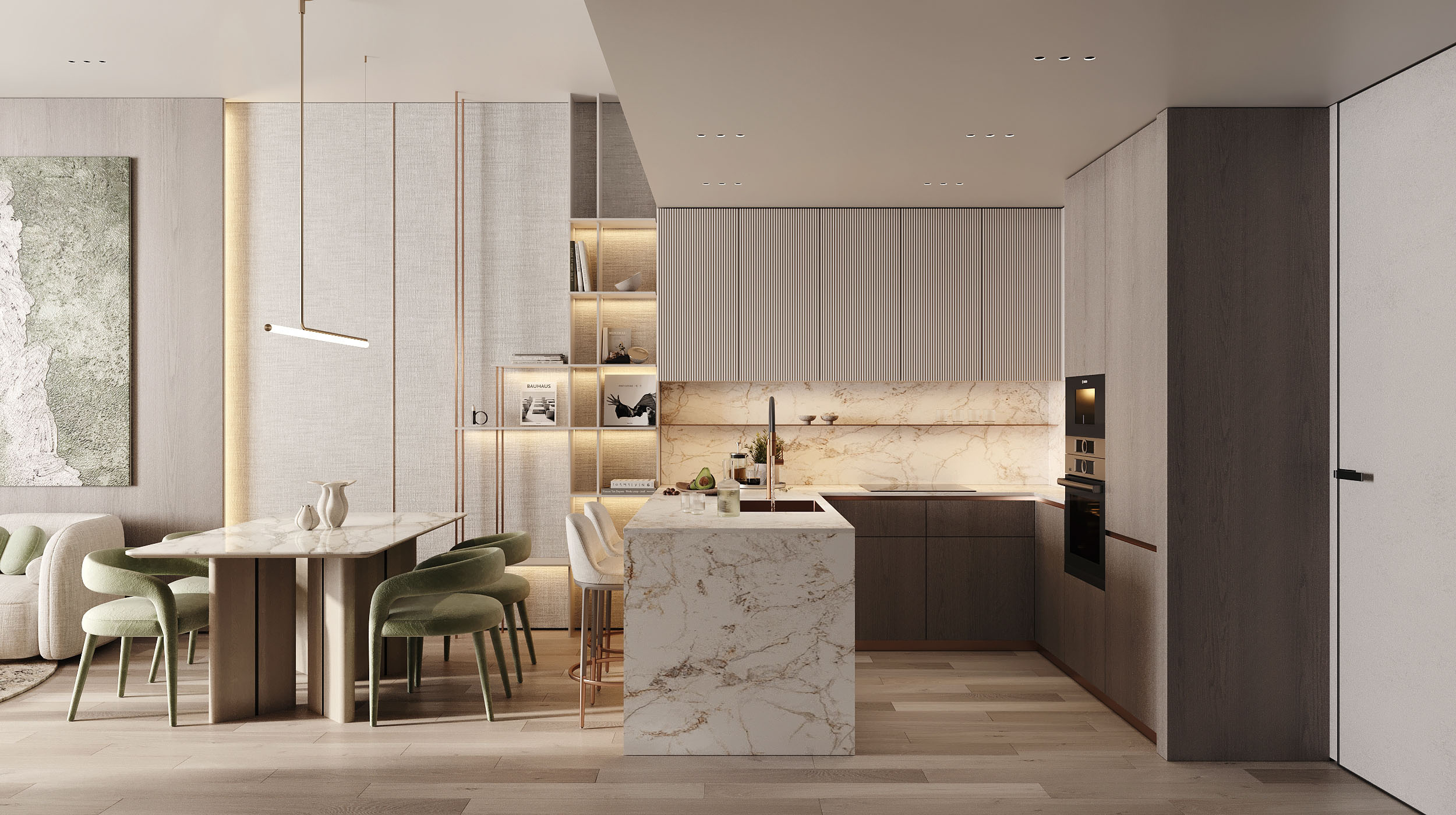 Cove Grand By Imtiaz A modern kitchen with marble countertops, stylish green chairs, soft lighting, and elegant decor accents.