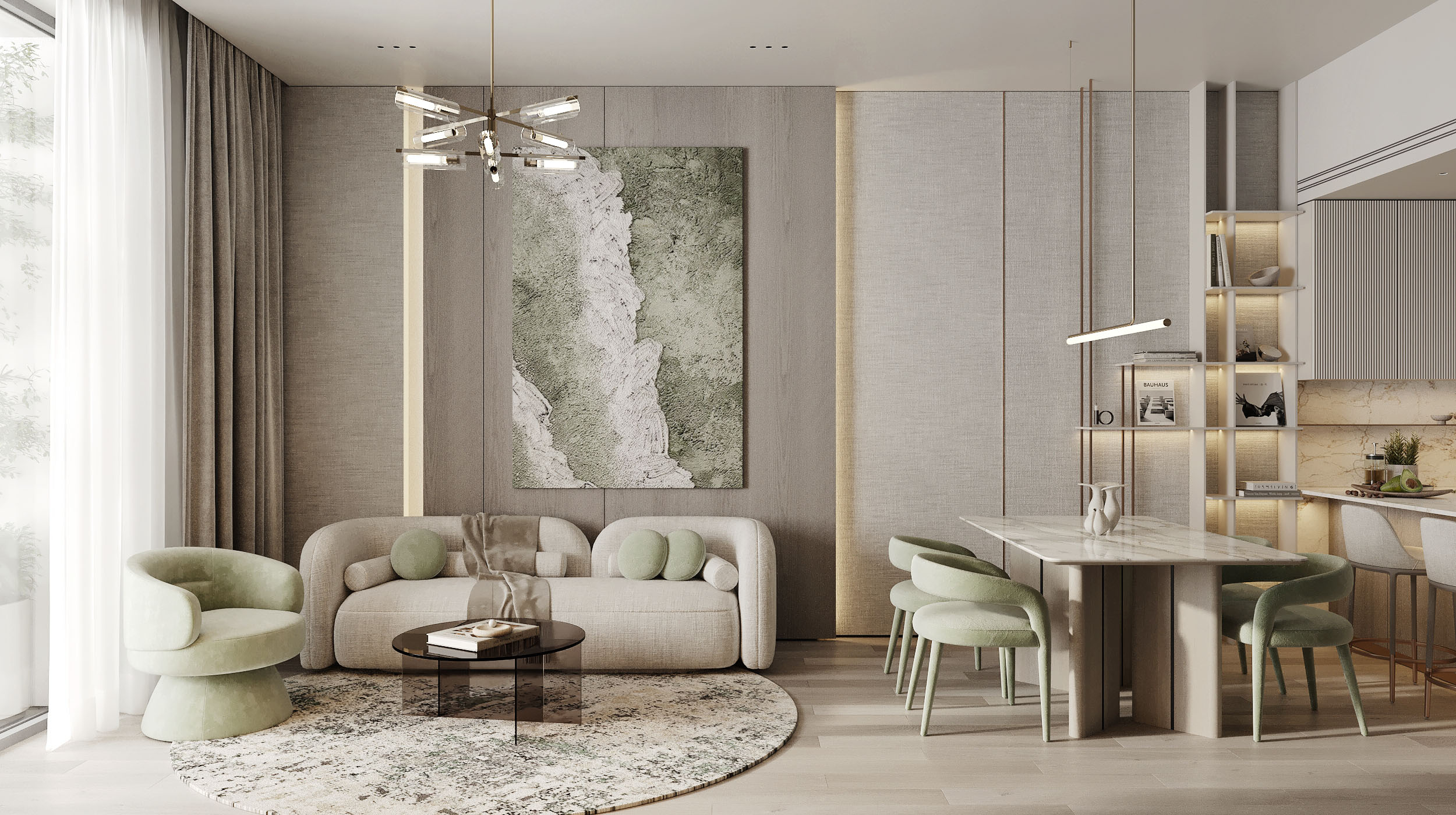 Cove Grand By Imtiaz A modern living space featuring a light-colored sofa, green accents, a round rug, and stylish dining area.