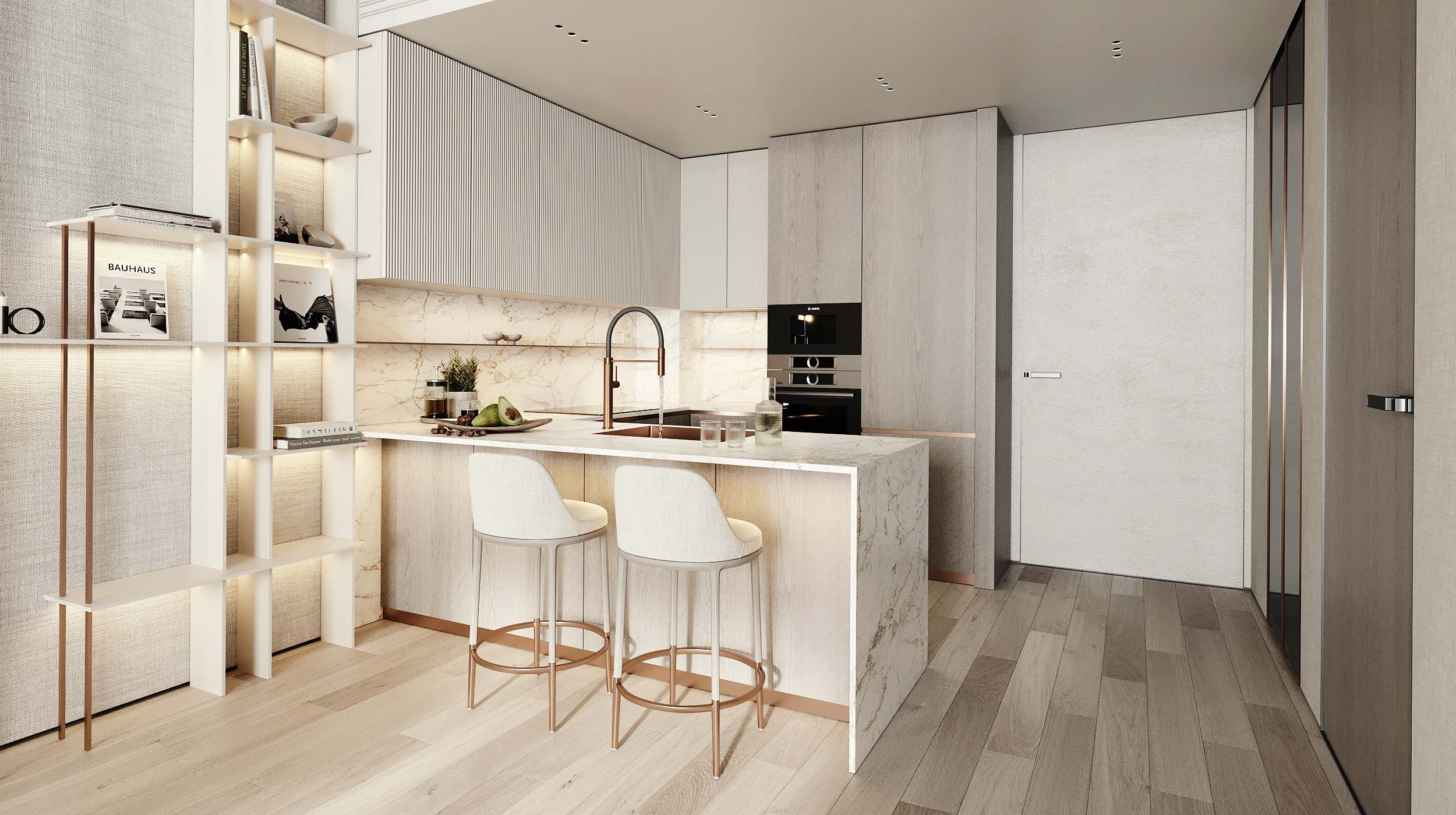 Cove Grand By Imtiaz A modern kitchen featuring a marble island, stylish bar stools, and elegant shelving with ambient lighting.