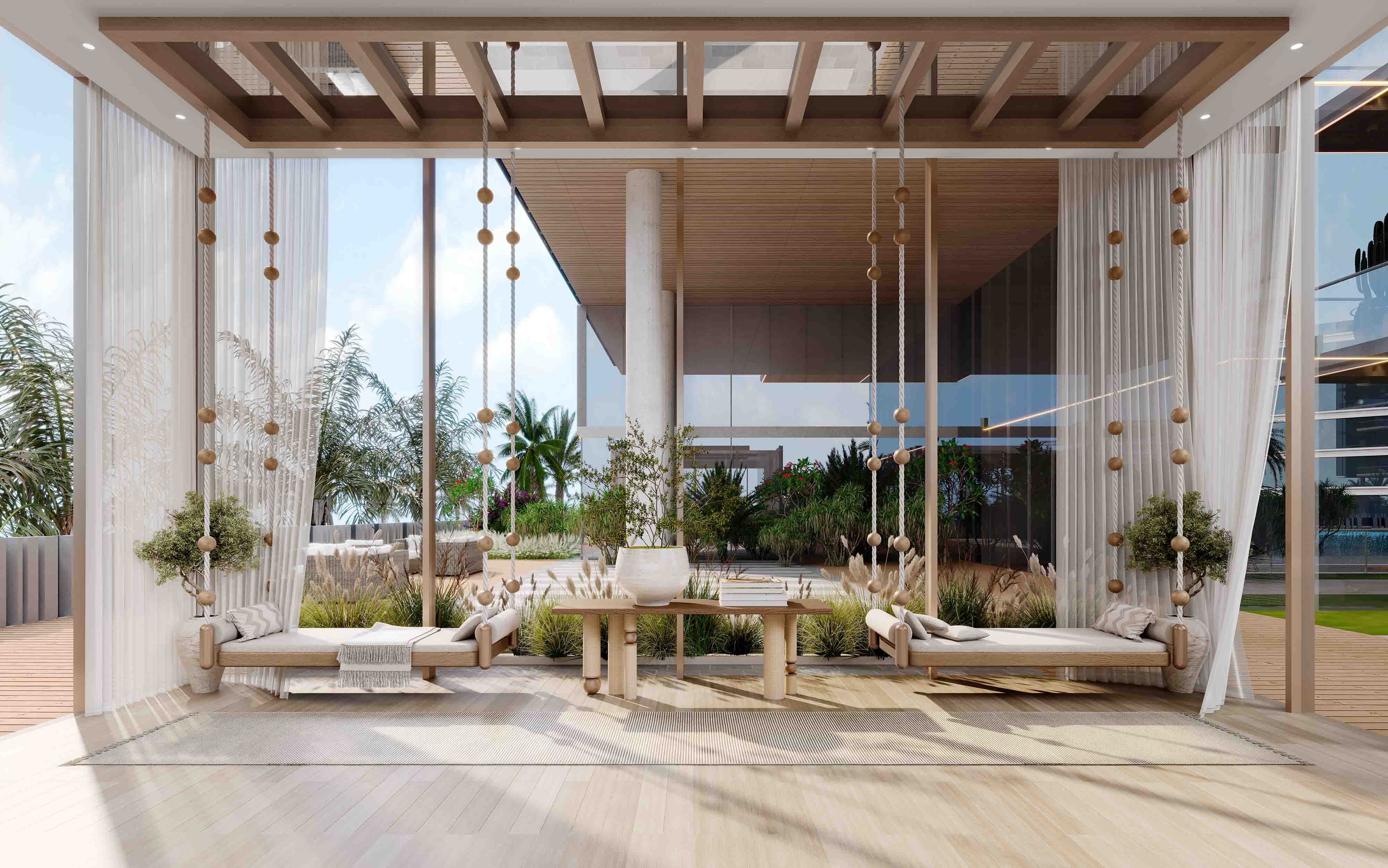 Wynwood By Imtiaz A modern interior featuring wooden swings, minimalist decor, and lush greenery visible through large windows.