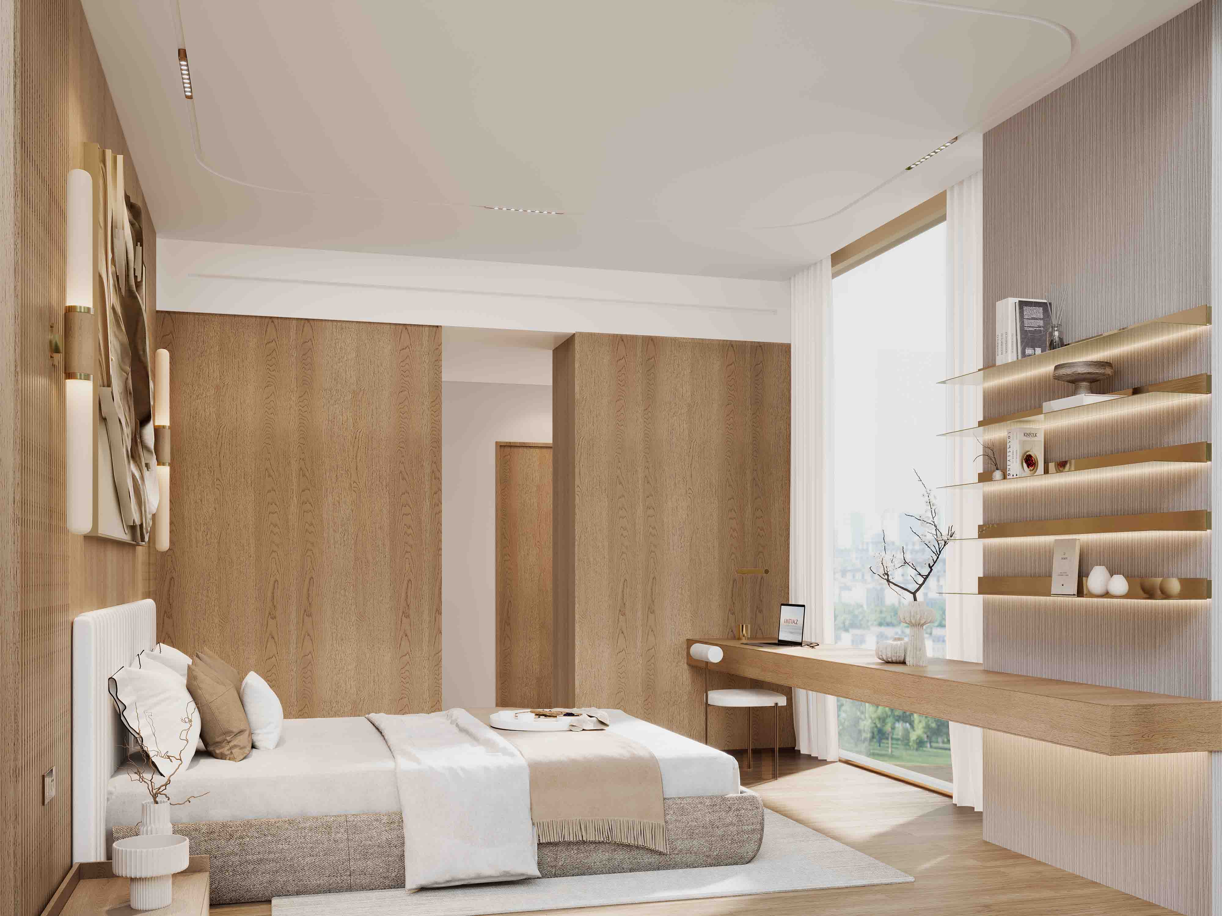 Wynwood By Imtiaz A modern bedroom featuring wooden walls, a bed with decorative pillows, a sleek desk, and natural light.