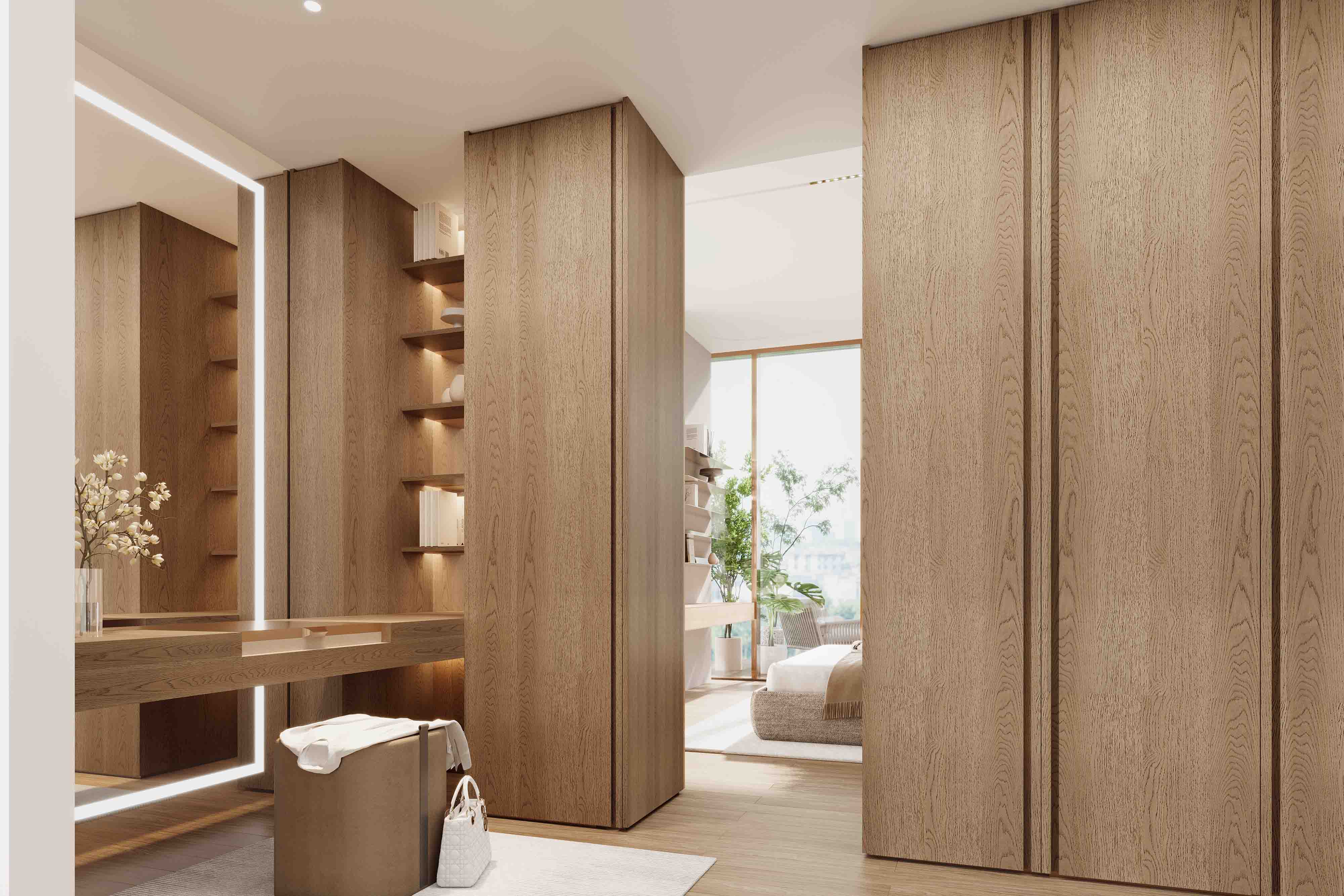 Wynwood By Imtiaz A modern, stylish interior featuring wooden walls, a vanity with a mirror, and a plush chair. Natural light floods in.