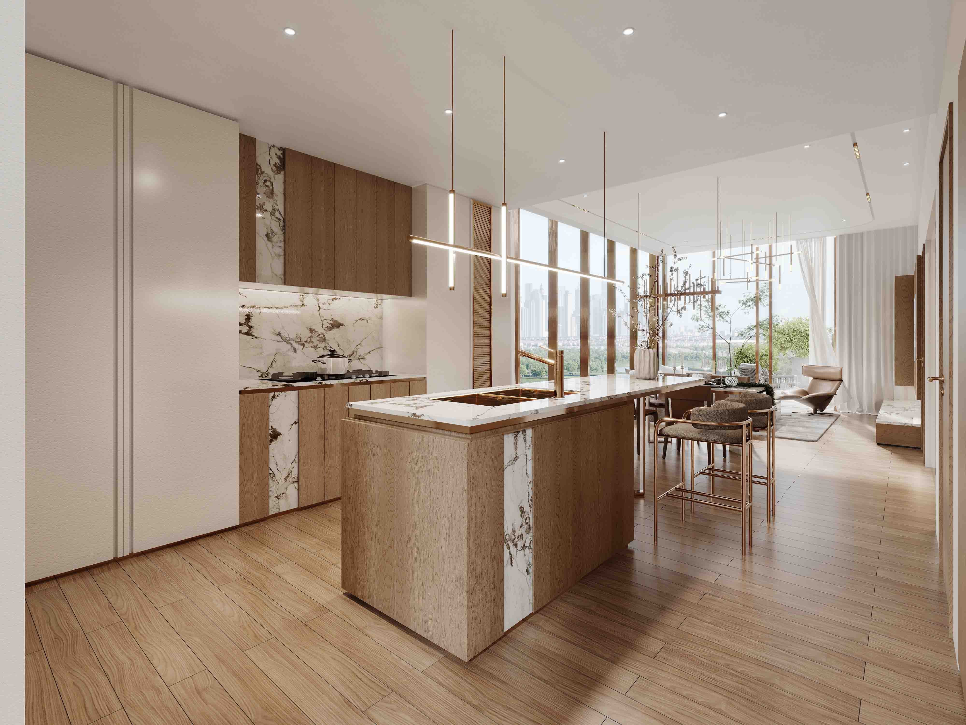 Wynwood By Imtiaz Modern kitchen with wooden cabinets, marble countertops, and large windows offering a view of greenery outside.