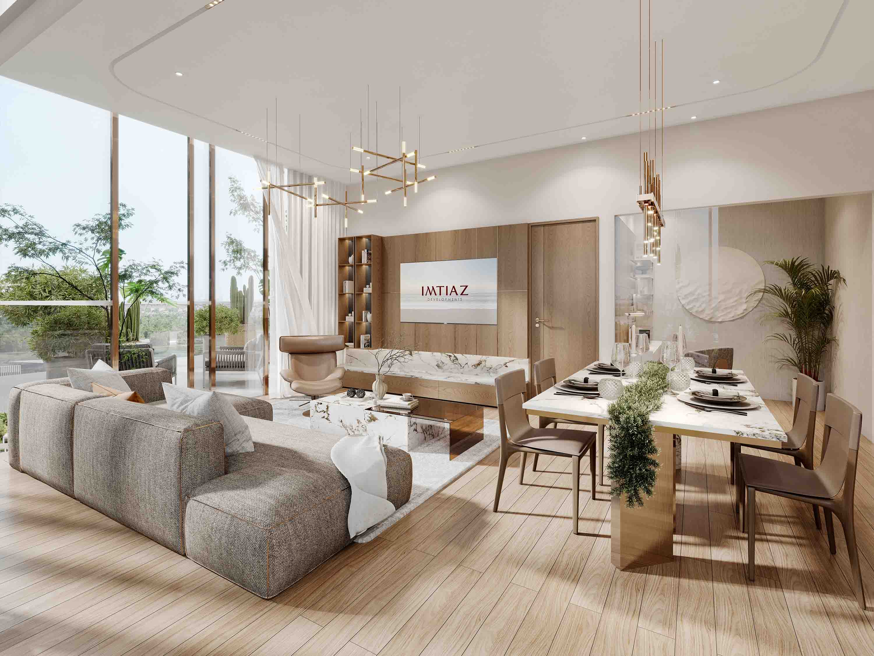 Wynwood By Imtiaz Modern living room and dining area featuring a gray sofa, stylish chairs, a dining table, and large windows.