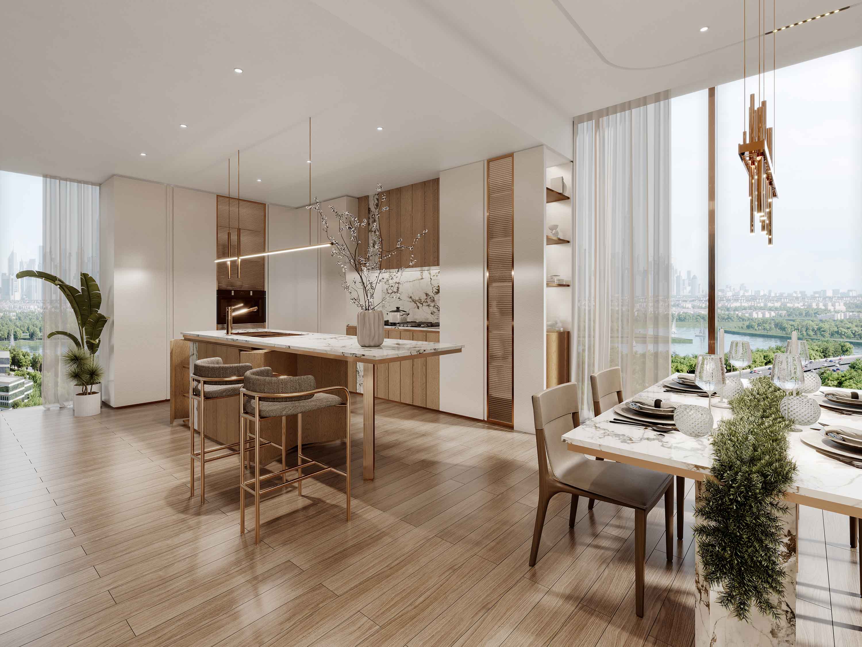 Wynwood By Imtiaz Modern kitchen and dining area with stylish furniture, large windows, and a view of greenery and city skyline.