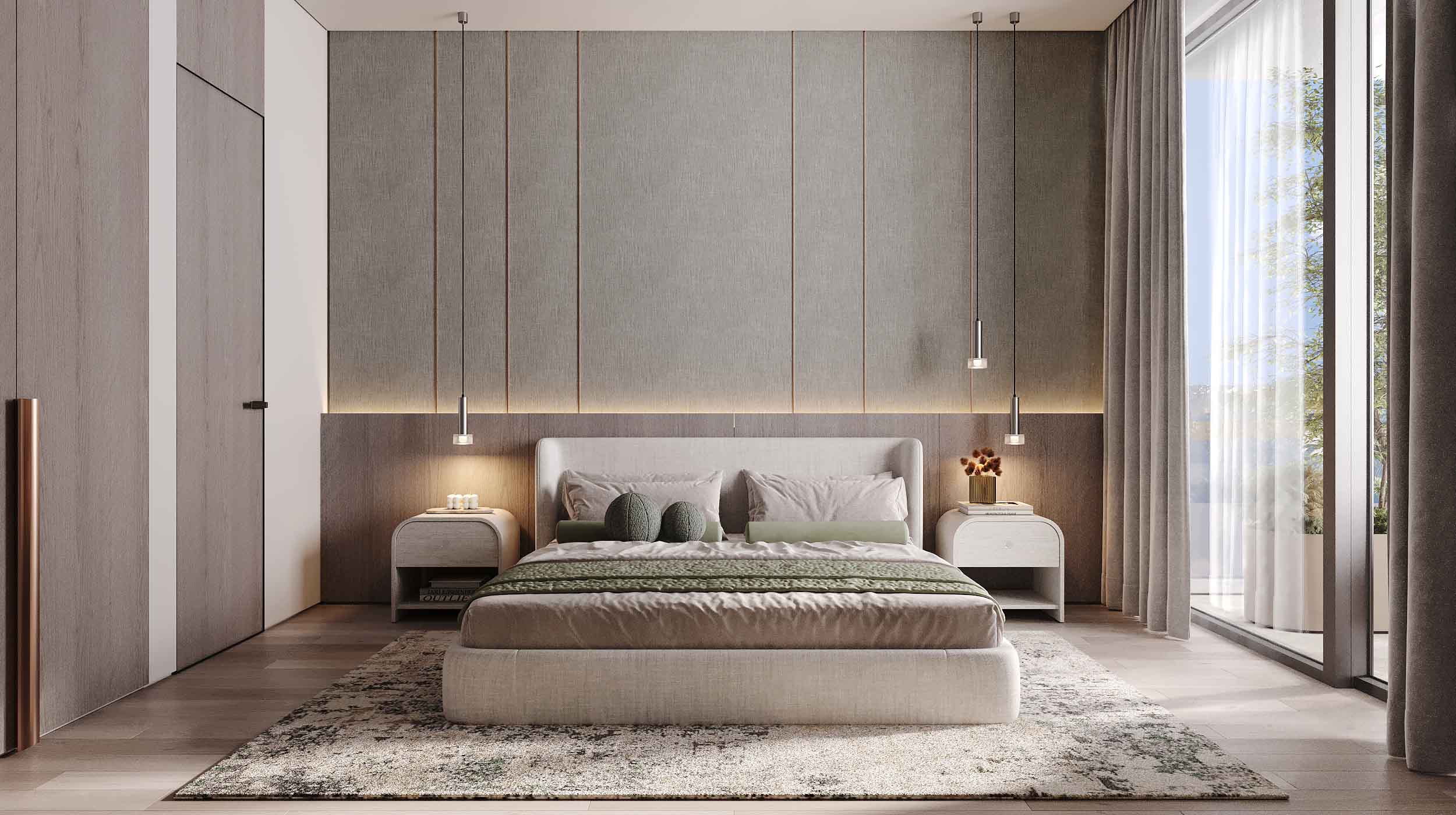 Cove Edition 6 By Imtiaz 1 A modern bedroom featuring a plush bed, elegant decor, soft lighting, and large windows with curtains.